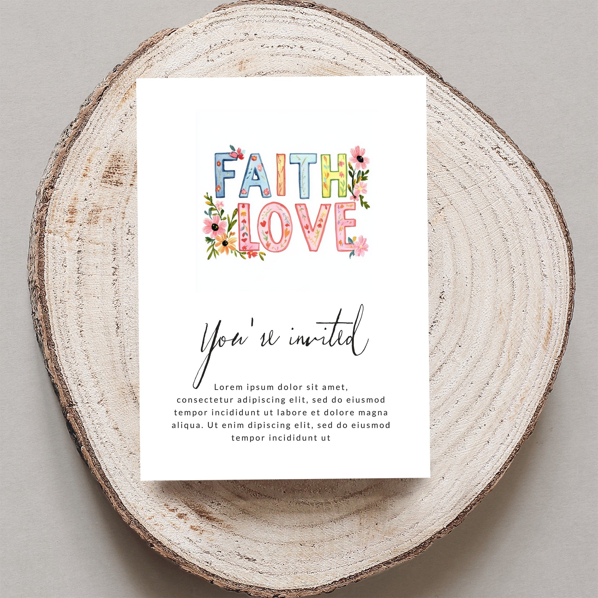 Invitation with "FAITH LOVE" in colorful letters and placeholder text.