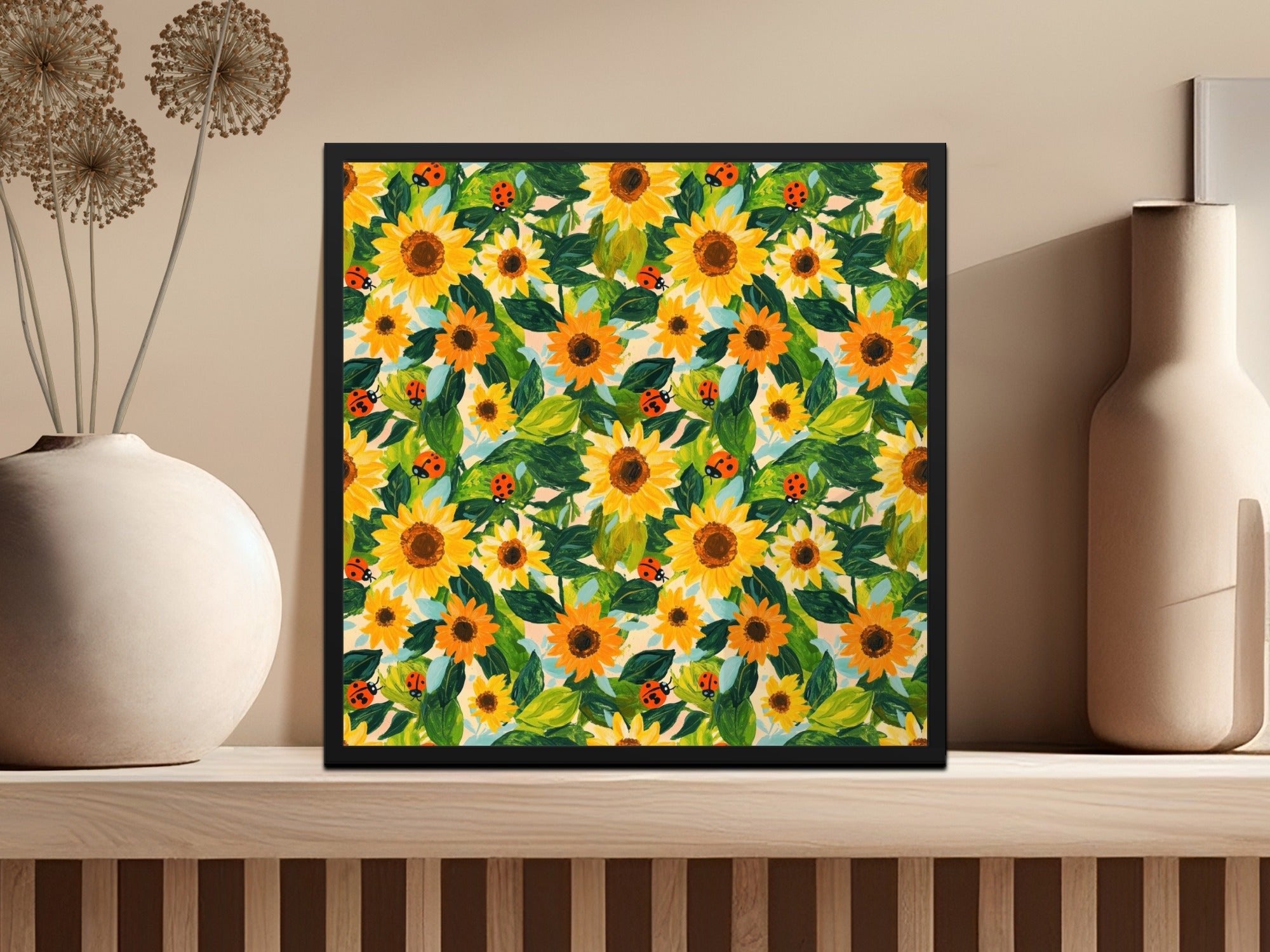 Fall Painted Acrylic Seamless Sunflower and Ladybug Seamless Pattern Bright Floral Design - Moore and Mountain