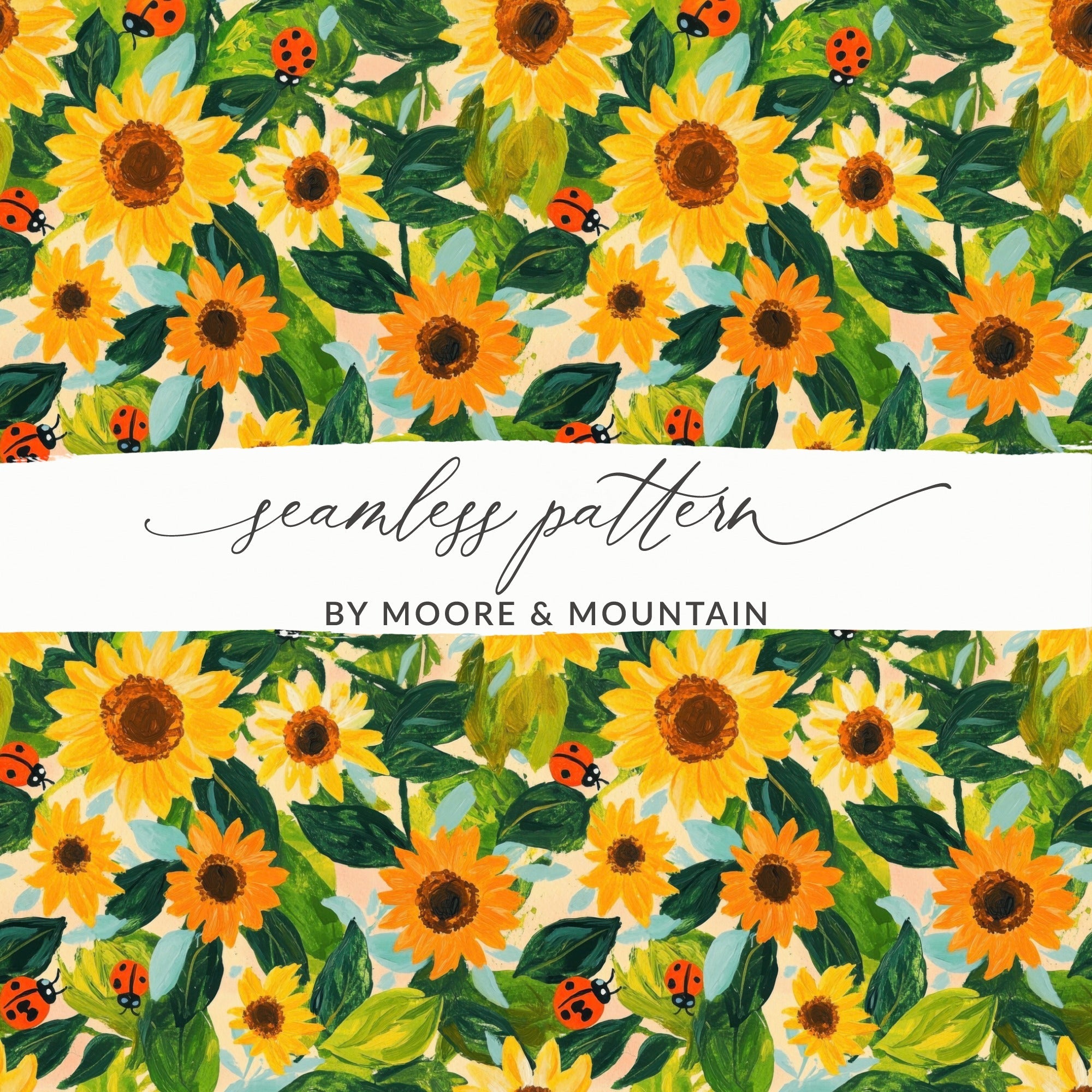 Fall Painted Acrylic Seamless Sunflower and Ladybug Seamless Pattern Bright Floral Design - Moore and Mountain