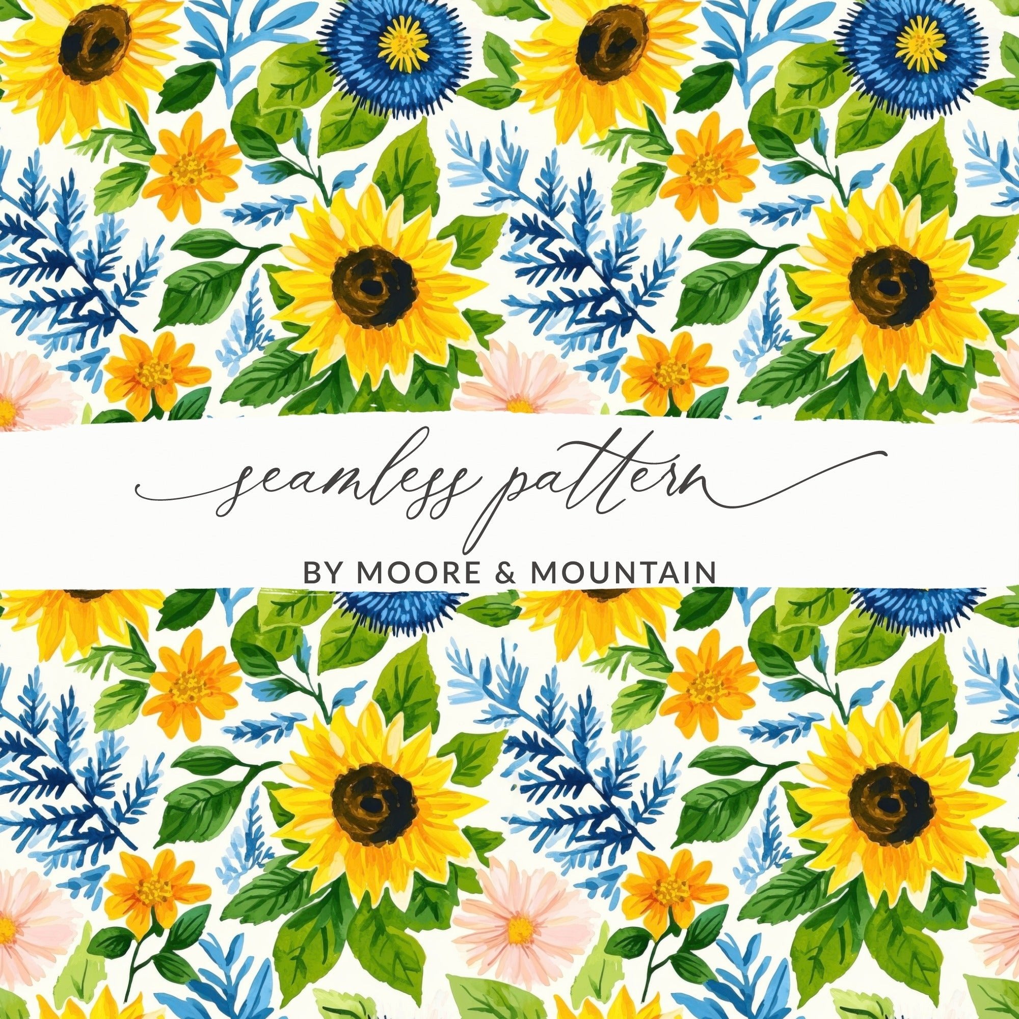 Fall Seamless Watercolor Sunflower Floral Repeat Pattern Garden Illustration - Moore and Mountain