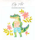 Cartoon alligator wearing striped shirt and patterned shorts surrounded by flowers.