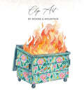 Floral dumpster on fire with "Clip Art by Moore & Mountain" text.