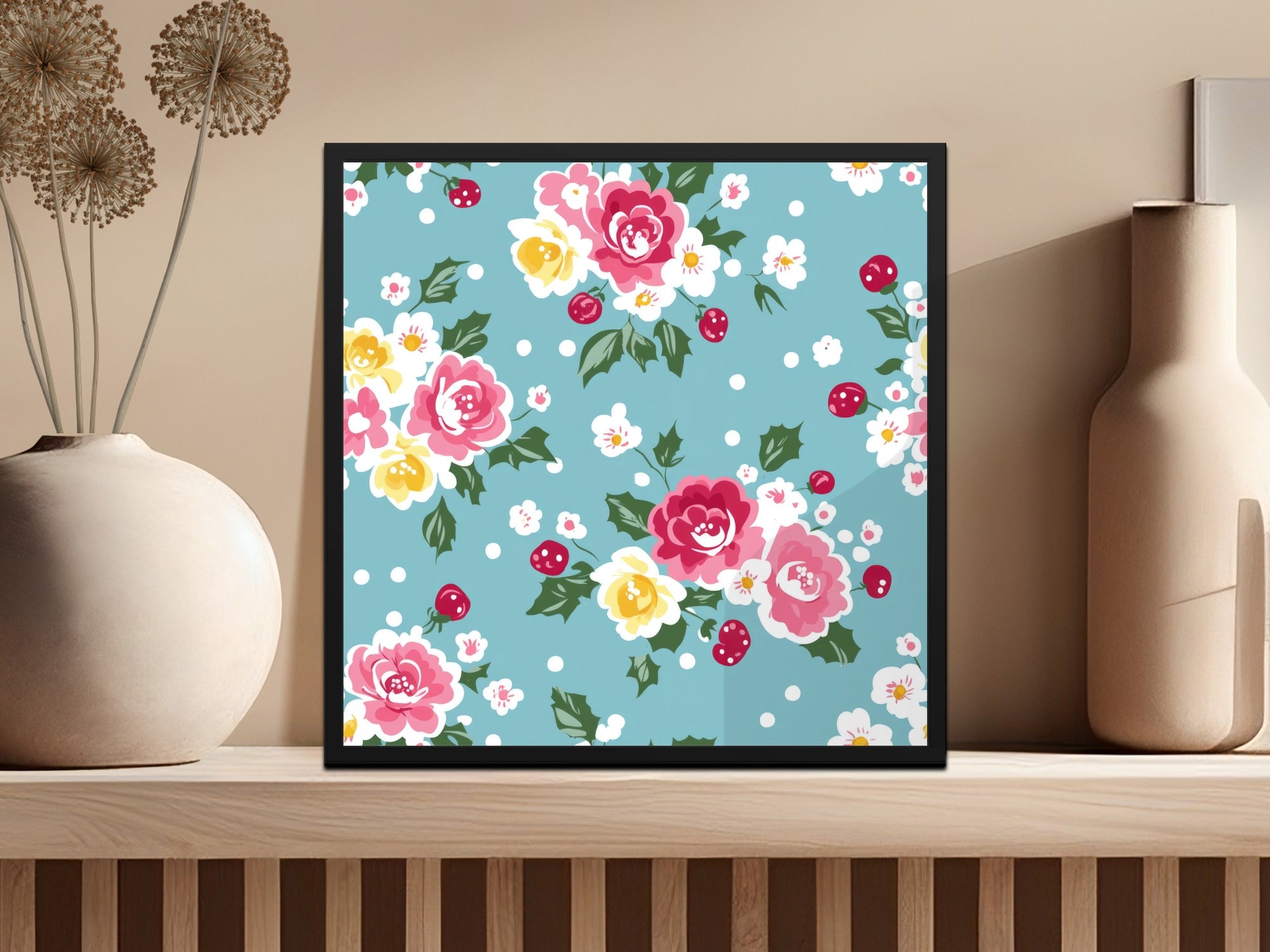 Floral Pattern Art Print With Blue Background Product