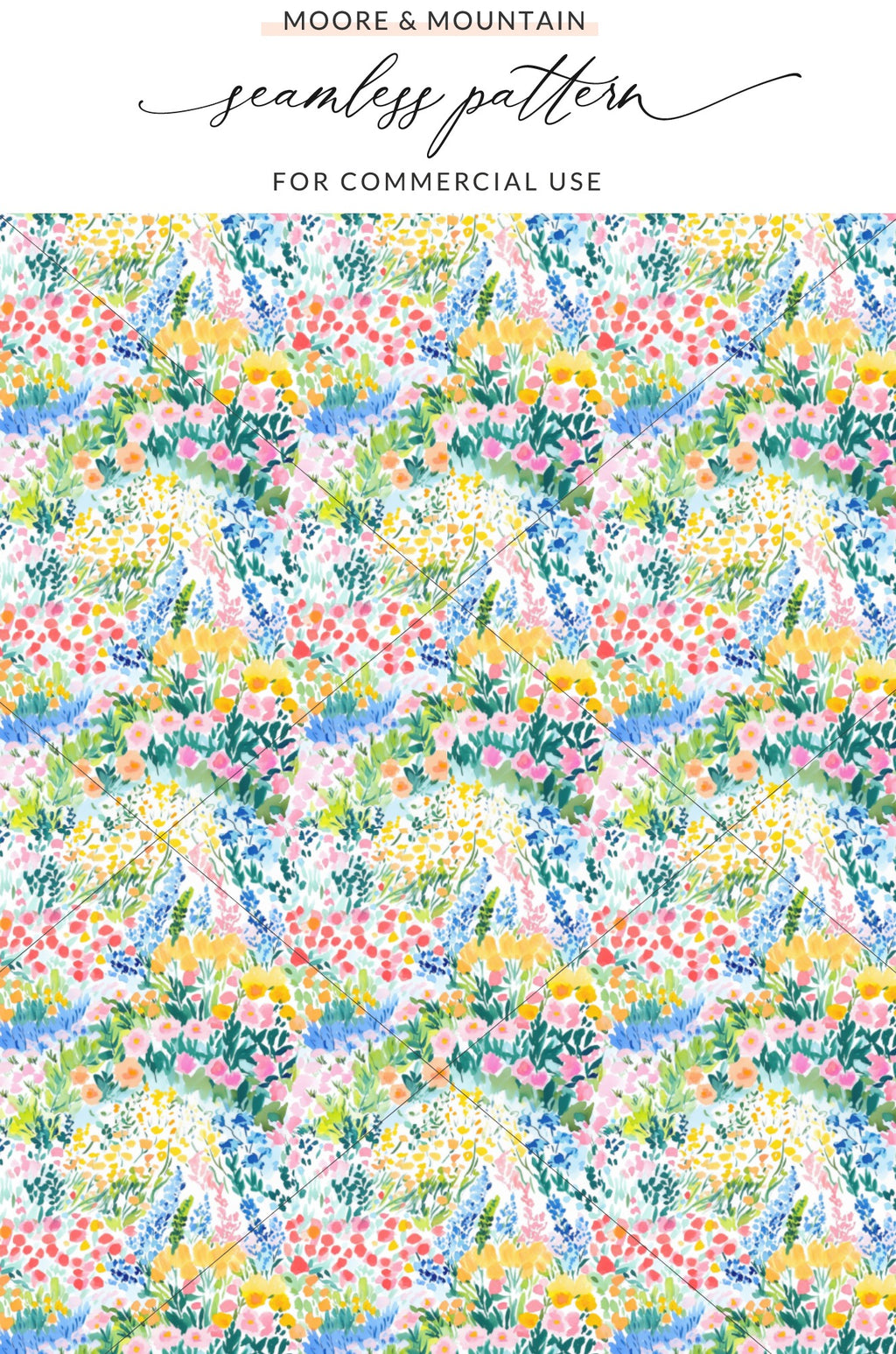 Watercolor wildflowers and foliage pattern on a white background.