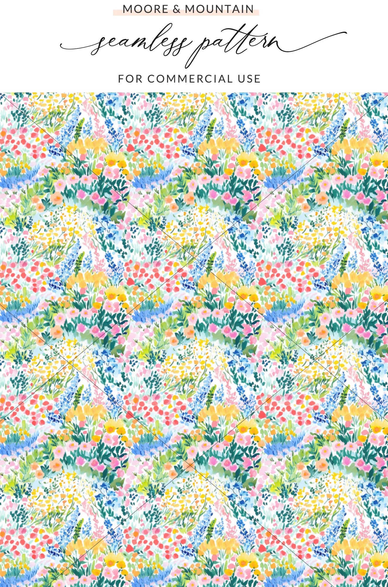 Watercolor wildflowers and foliage pattern on a white background.