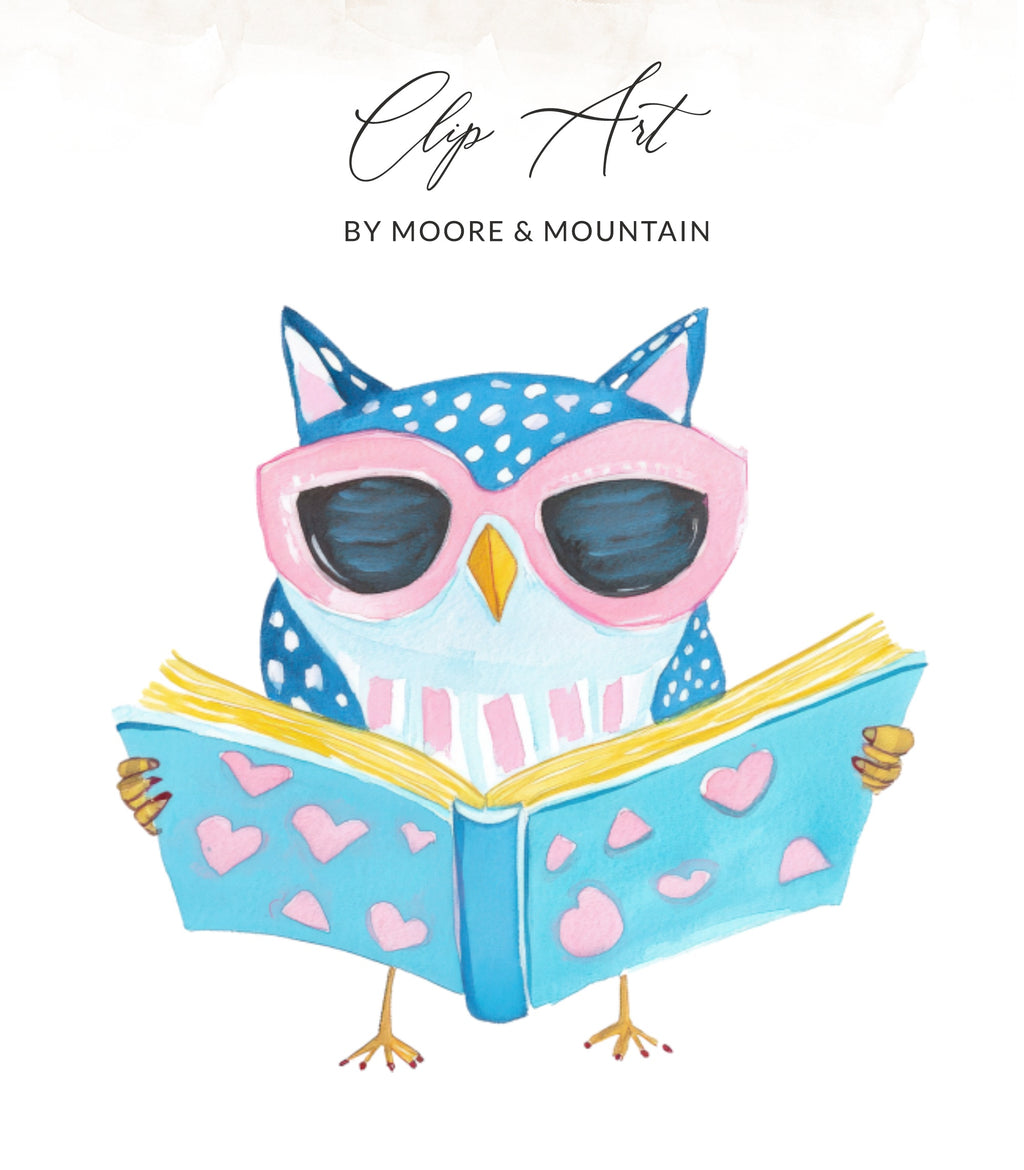 Blue owl wearing pink sunglasses, reading a book with pink hearts.