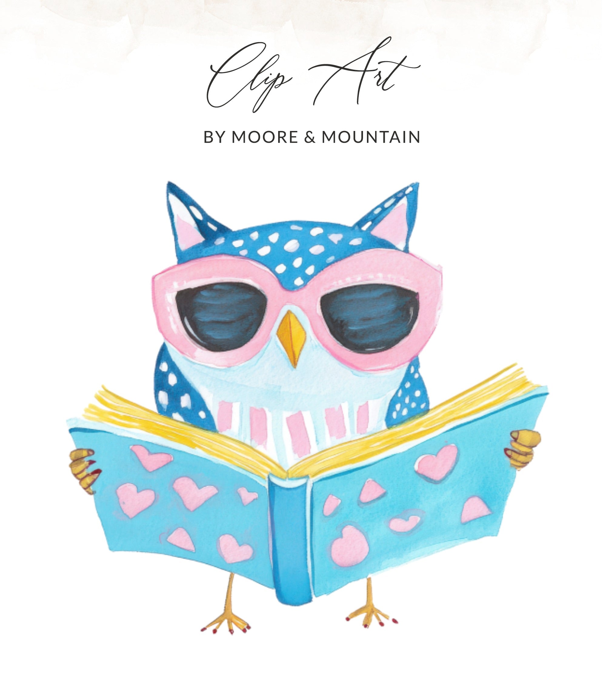 Blue owl wearing pink sunglasses, reading a book with pink hearts.
