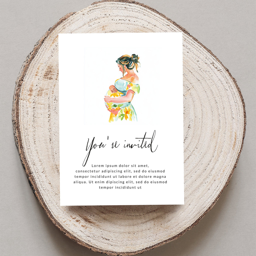 Pregnant woman in floral dress on invitation with "You're invited" text.
