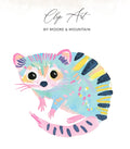 Whimsical clip art illustration of a colorful possum with pink accents and black stripes.