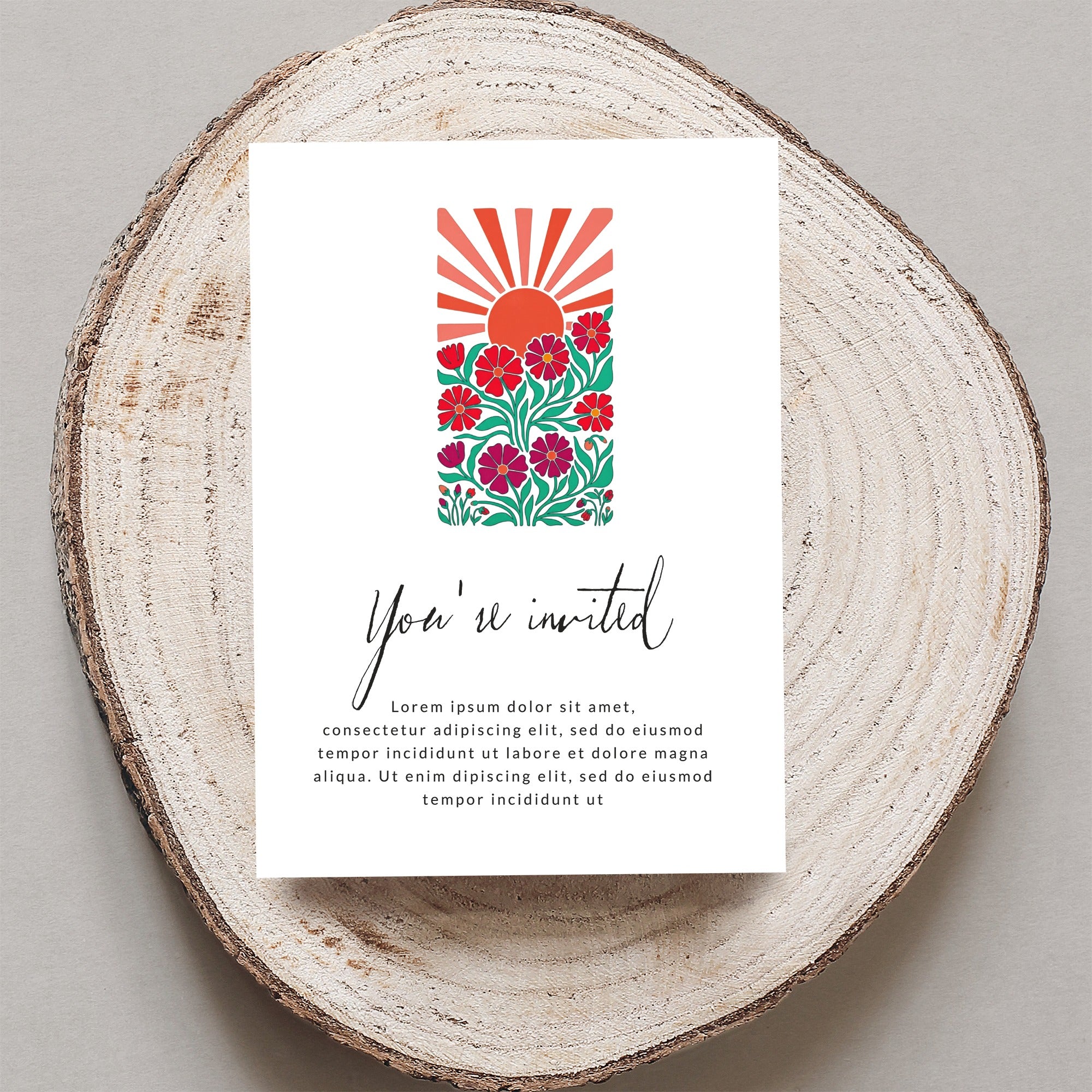 "You're invited" card with floral sunburst design and placeholder text.