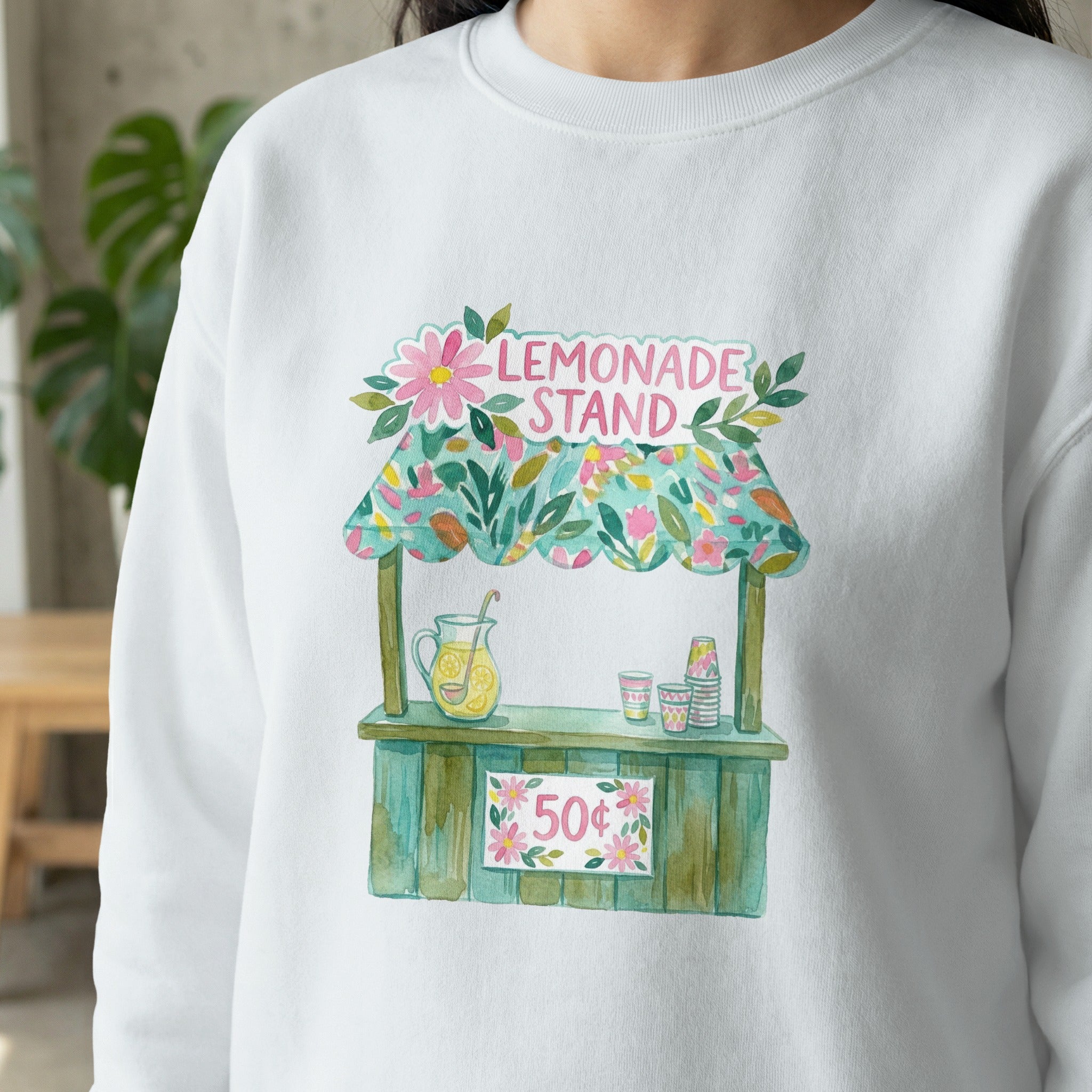 Watercolor lemonade stand illustration with "LEMONADE STAND" text and 50 cent sign.