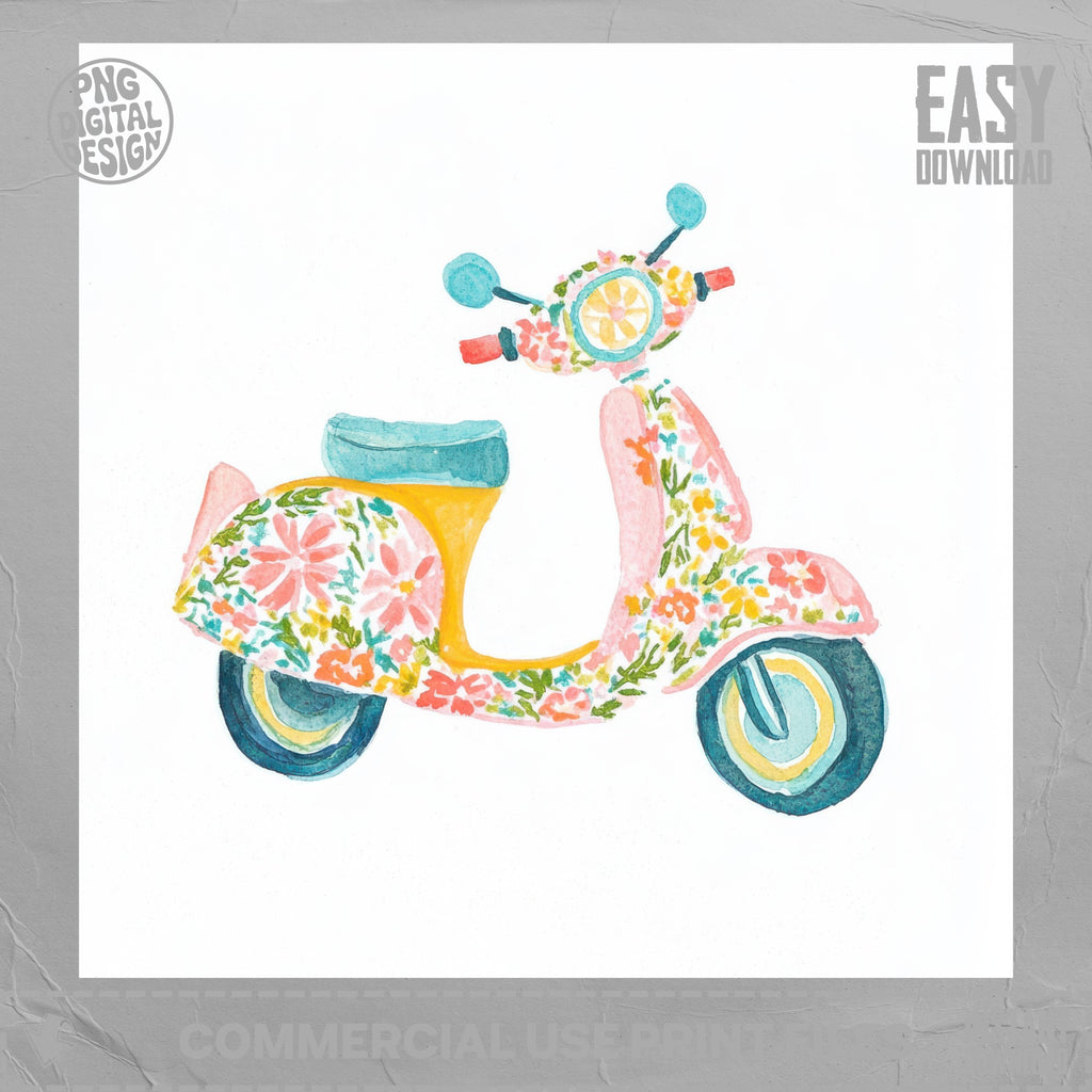 Watercolor illustration of a pink scooter with a yellow seat and floral pattern.