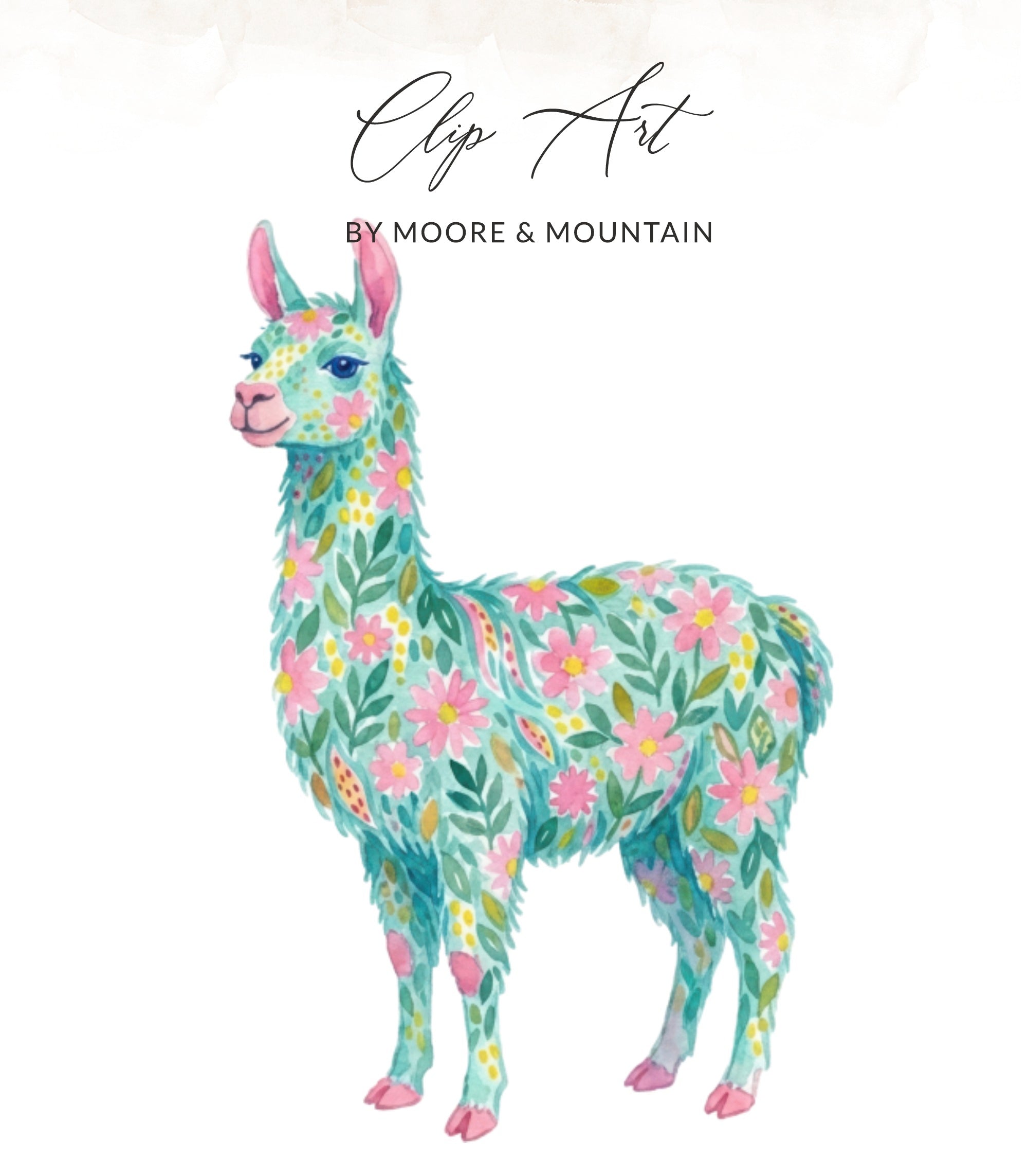 Floral llama illustration with "Clip Art By Moore & Mountain" text.
