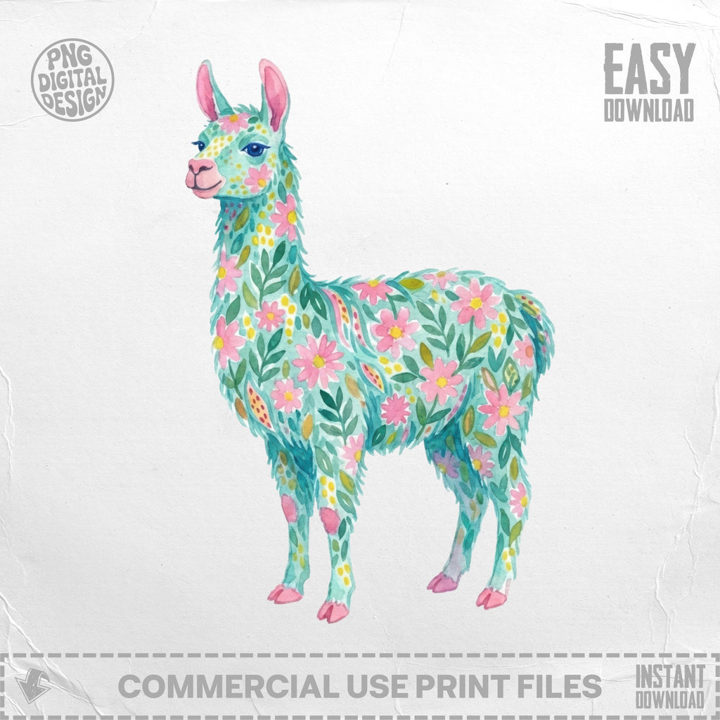 Watercolor llama with floral pattern and pastel colors.