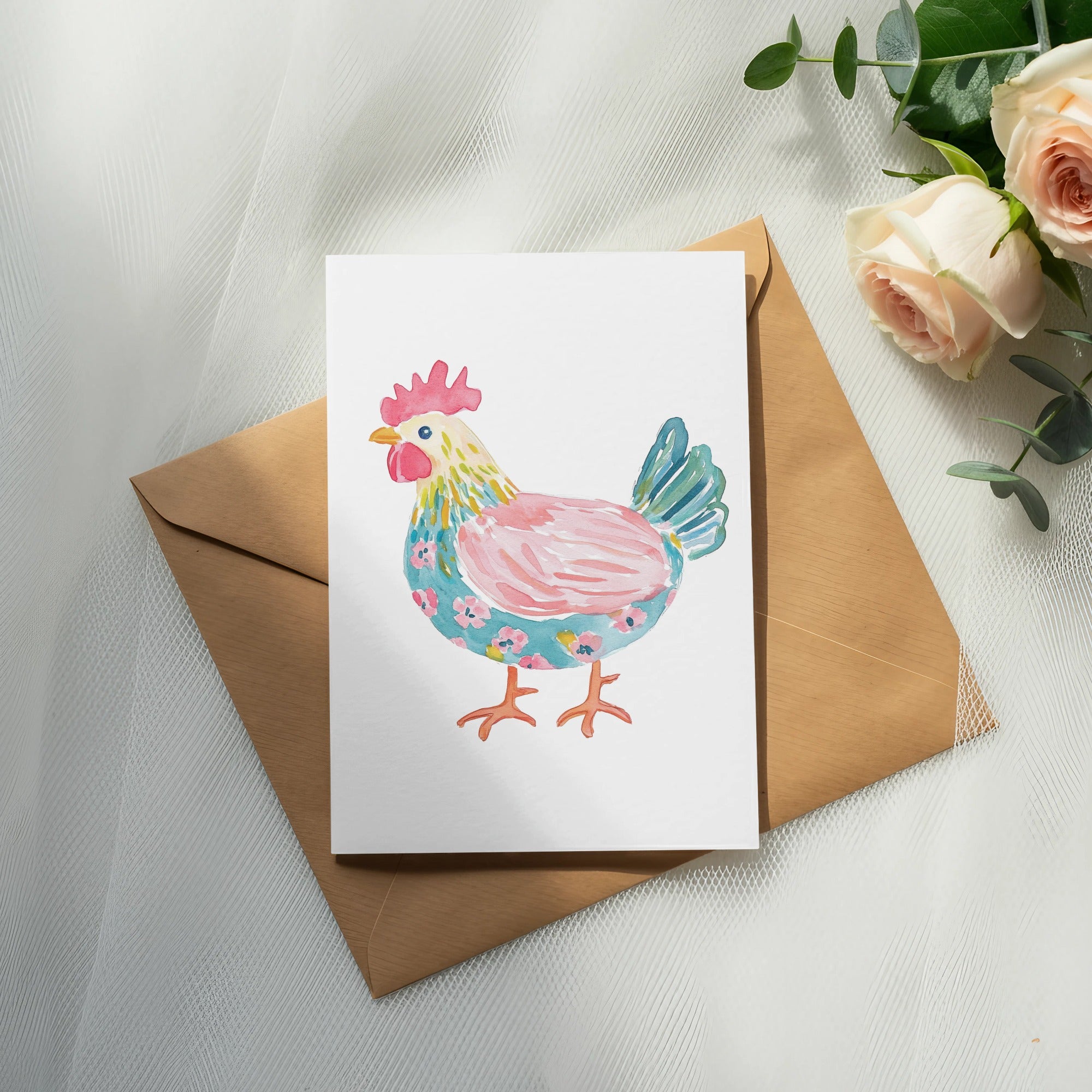 Watercolor chicken illustration on a card with a floral pattern.