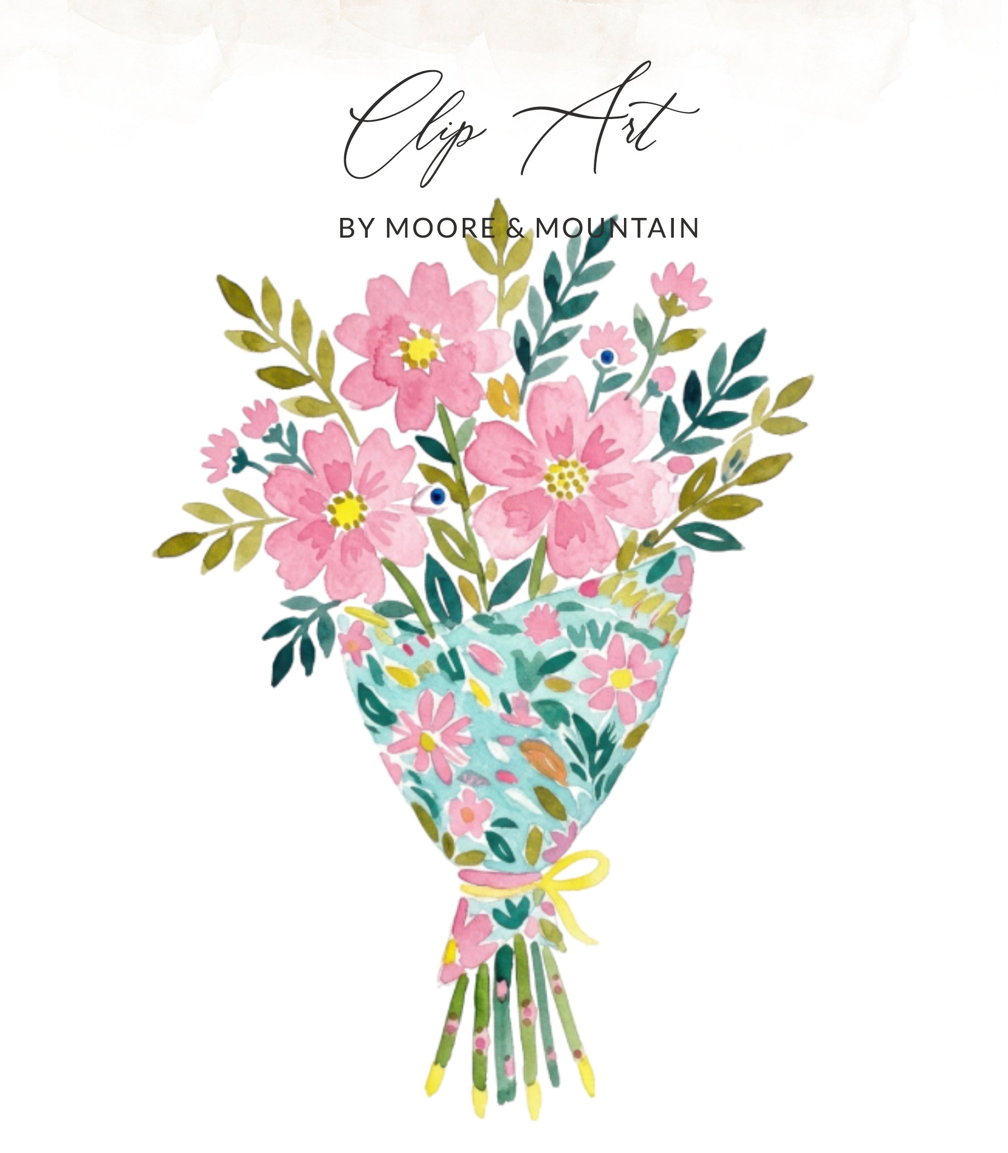 Watercolor bouquet with pink flowers, blue floral paper, and yellow ribbon.