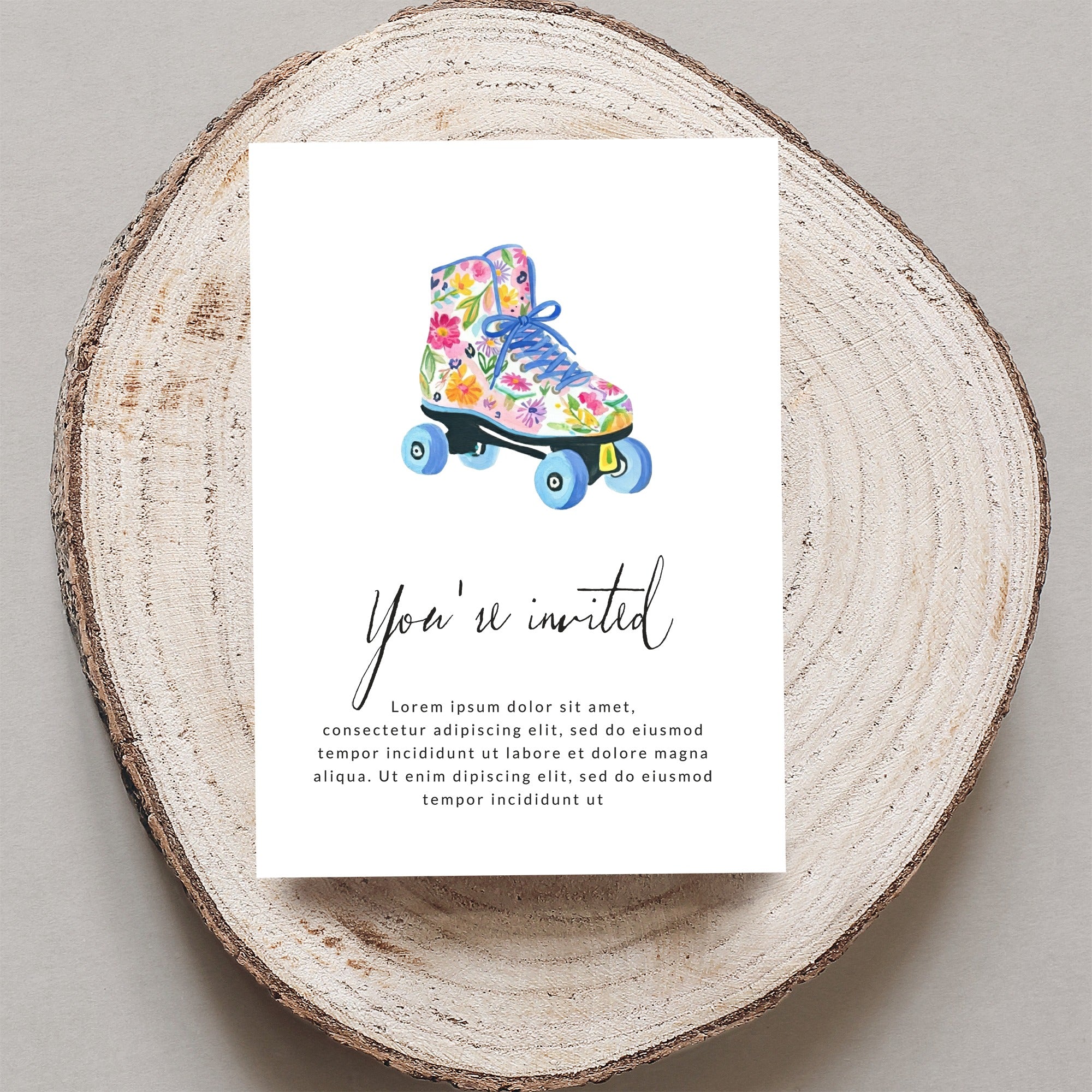 Watercolor roller skate invitation with floral design and placeholder text.