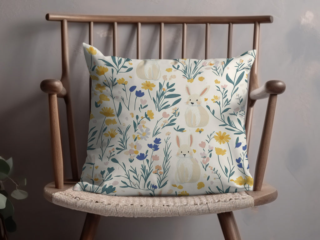 Cute Bunny and Floral Pattern Decorative Pillow Cover