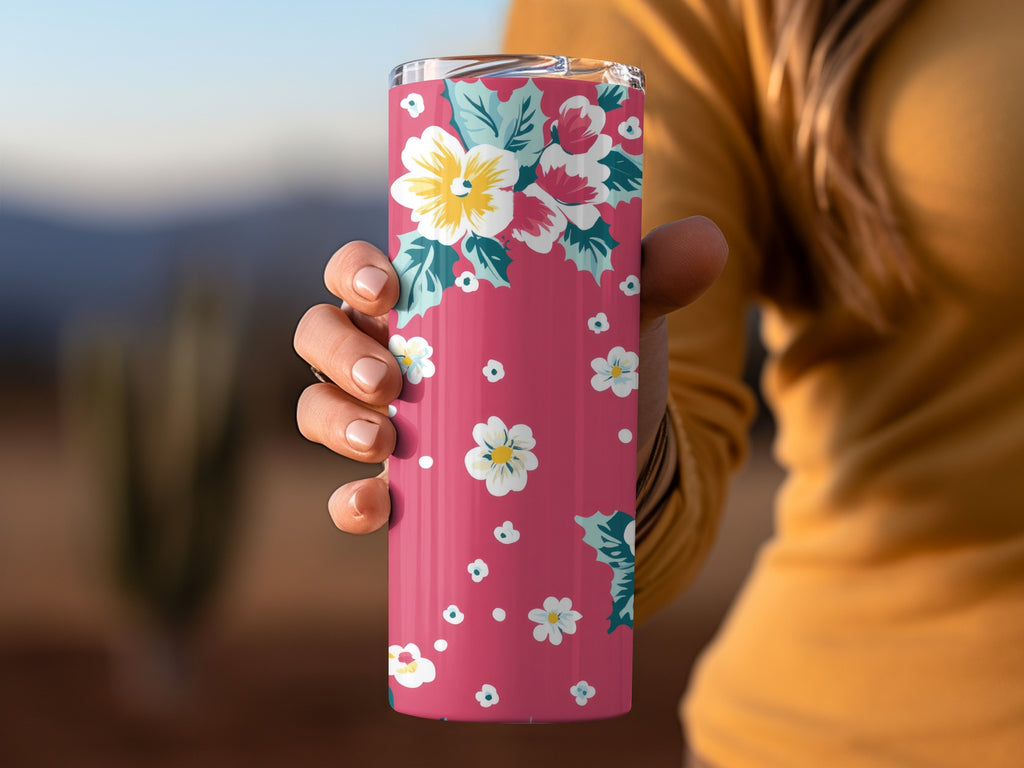 Floral Design Pink Tumbler with White Flowers Travel Cup