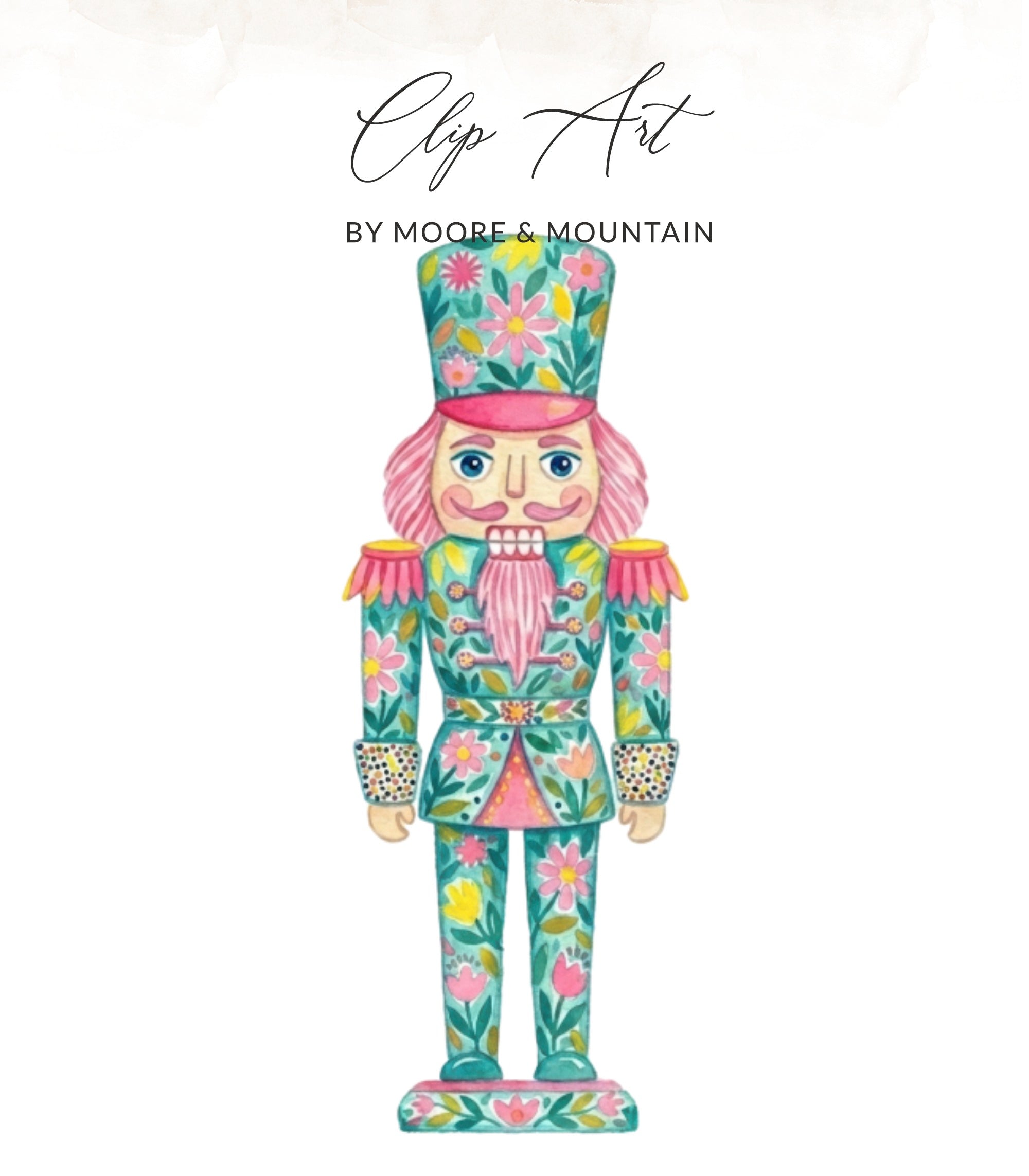 Nutcracker clip art with pink hair, blue uniform, and floral pattern.