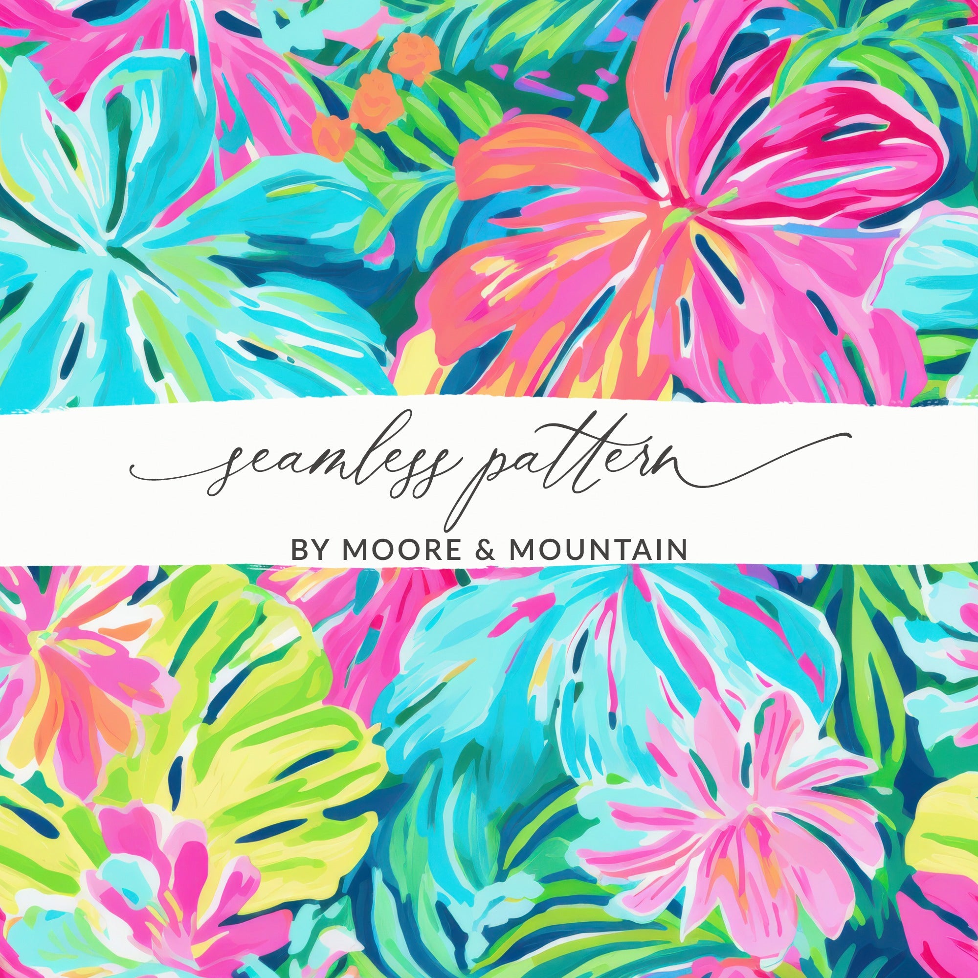 Seamless pattern with colorful tropical flowers by Moore & Mountain.