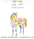 Colorful watercolor horse illustration with floral accents and text "PNG + SVG" and "INSTANT DOWNLOAD + COMMERCIAL USE".