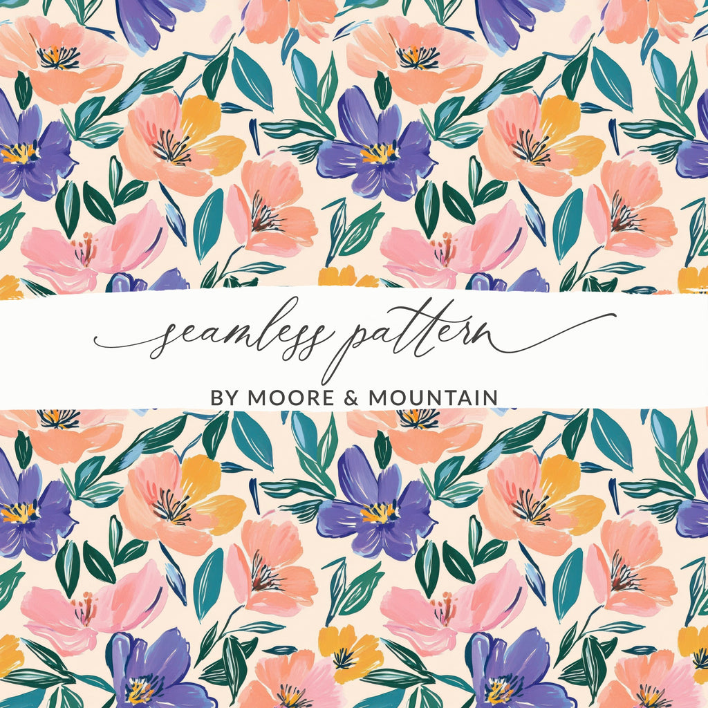 Seamless floral pattern with pink, purple, and yellow flowers and green leaves.