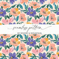 Seamless floral pattern with pink, purple, and yellow flowers and green leaves.
