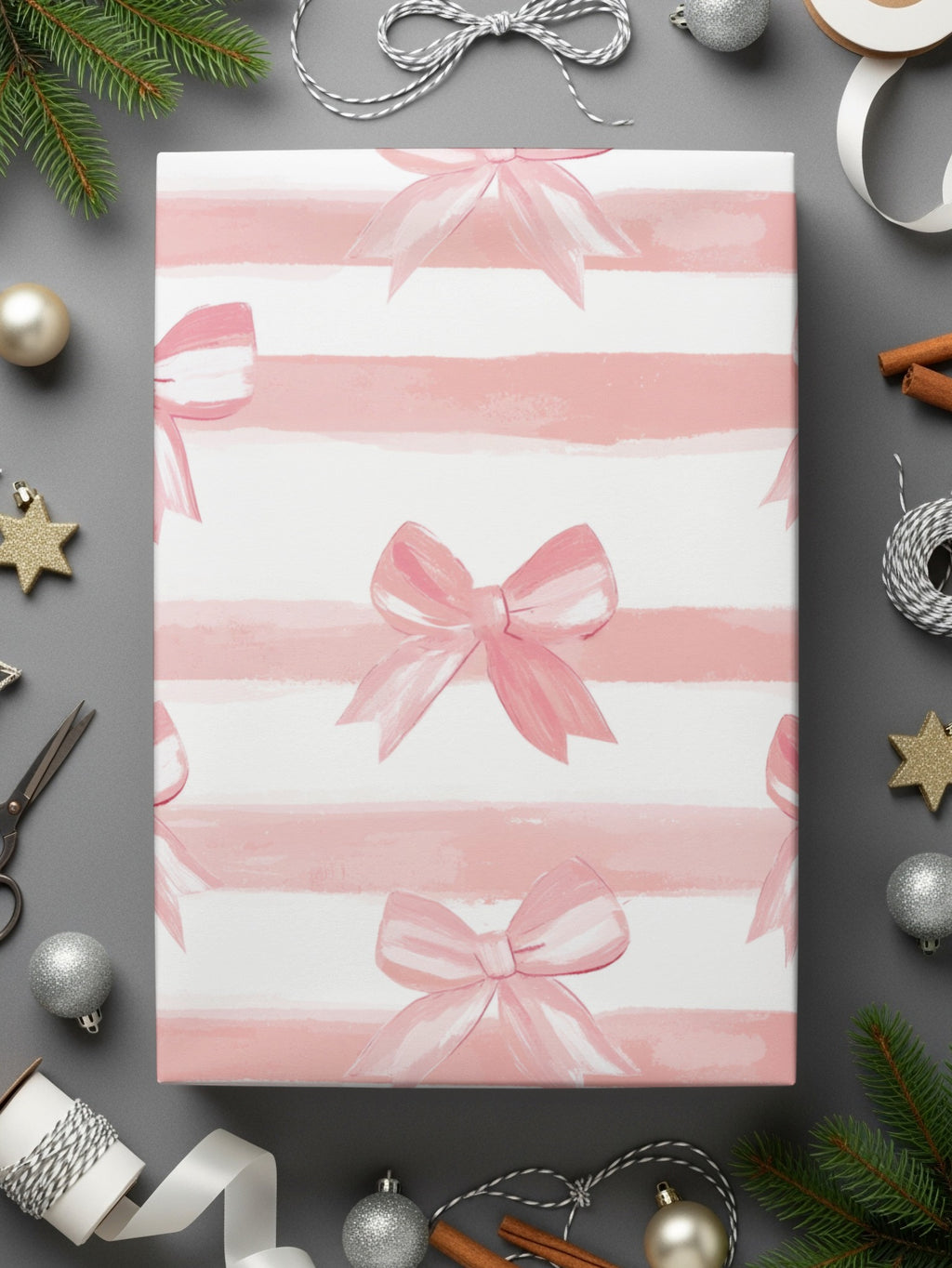 Pink and White Striped Gift Wrap with Bows Design Wrapping Paper