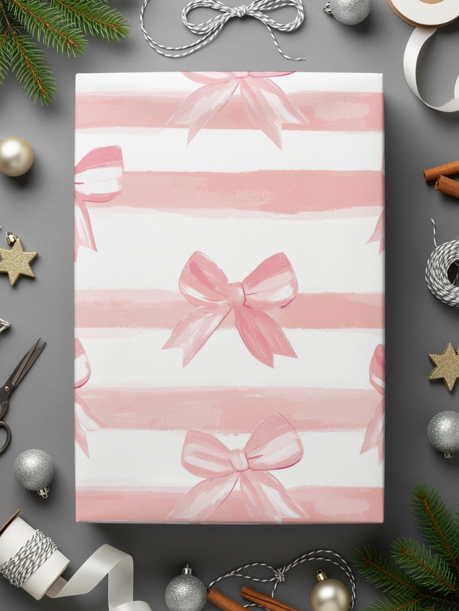Pink and White Striped Gift Wrap with Bows Design Wrapping Paper