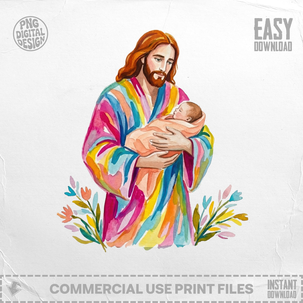 Jesus holding a baby, with colorful flowers.