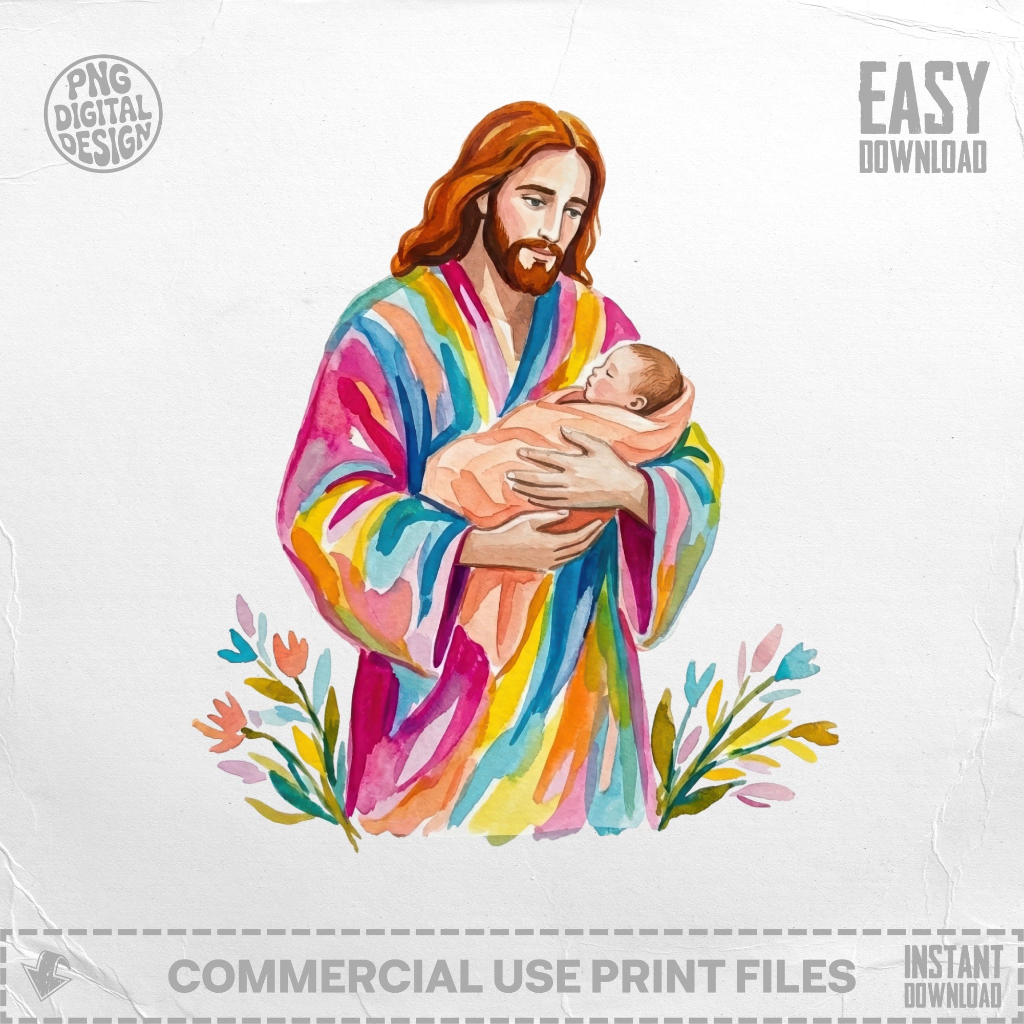 Jesus holding a baby, with colorful flowers.