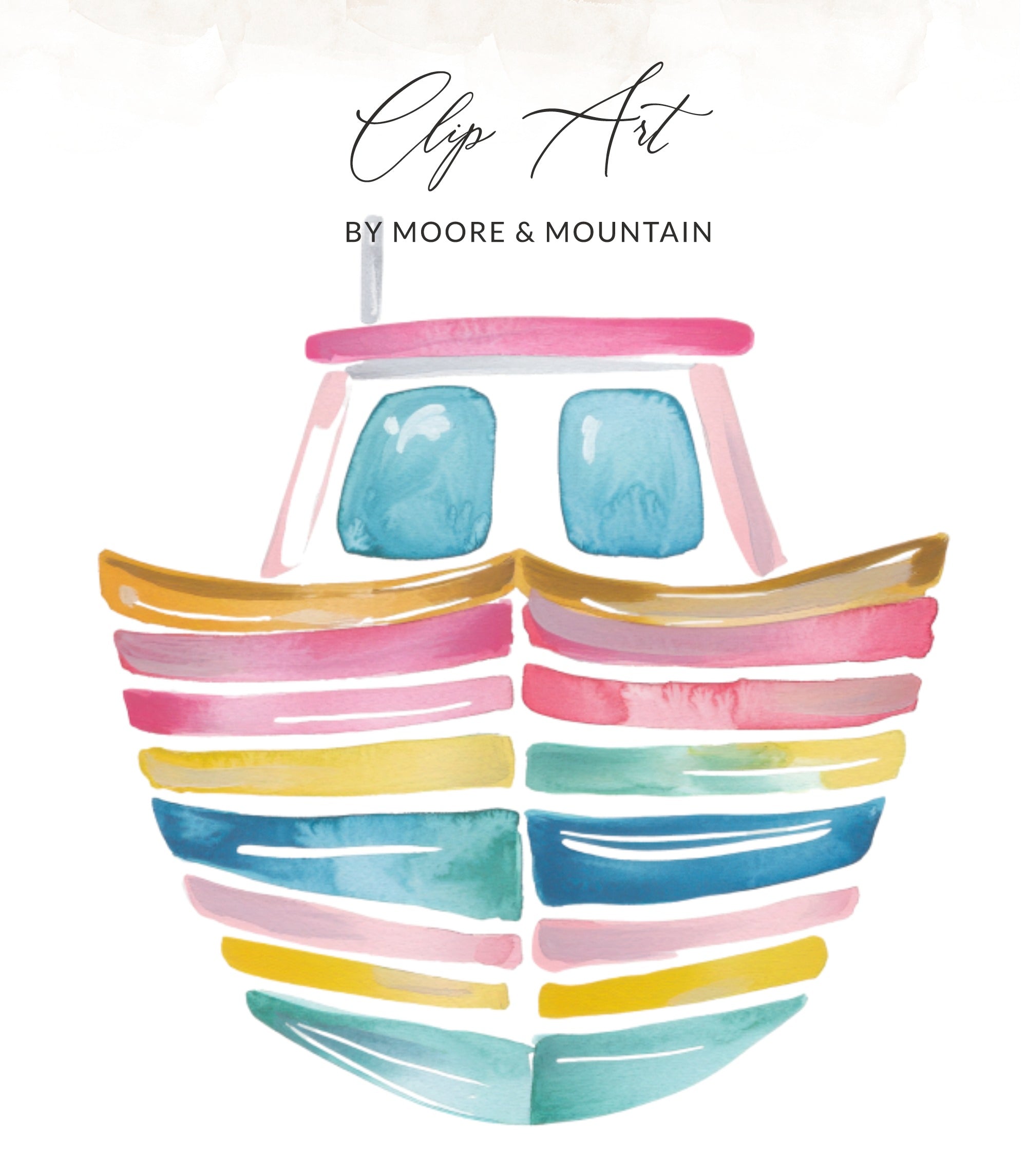 Watercolor illustration of a colorful boat with "Clip Art by Moore & Mountain" text.