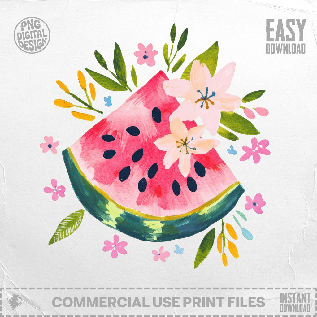 Watercolor watermelon slice with pink flowers and leaves, "Easy Download" text.