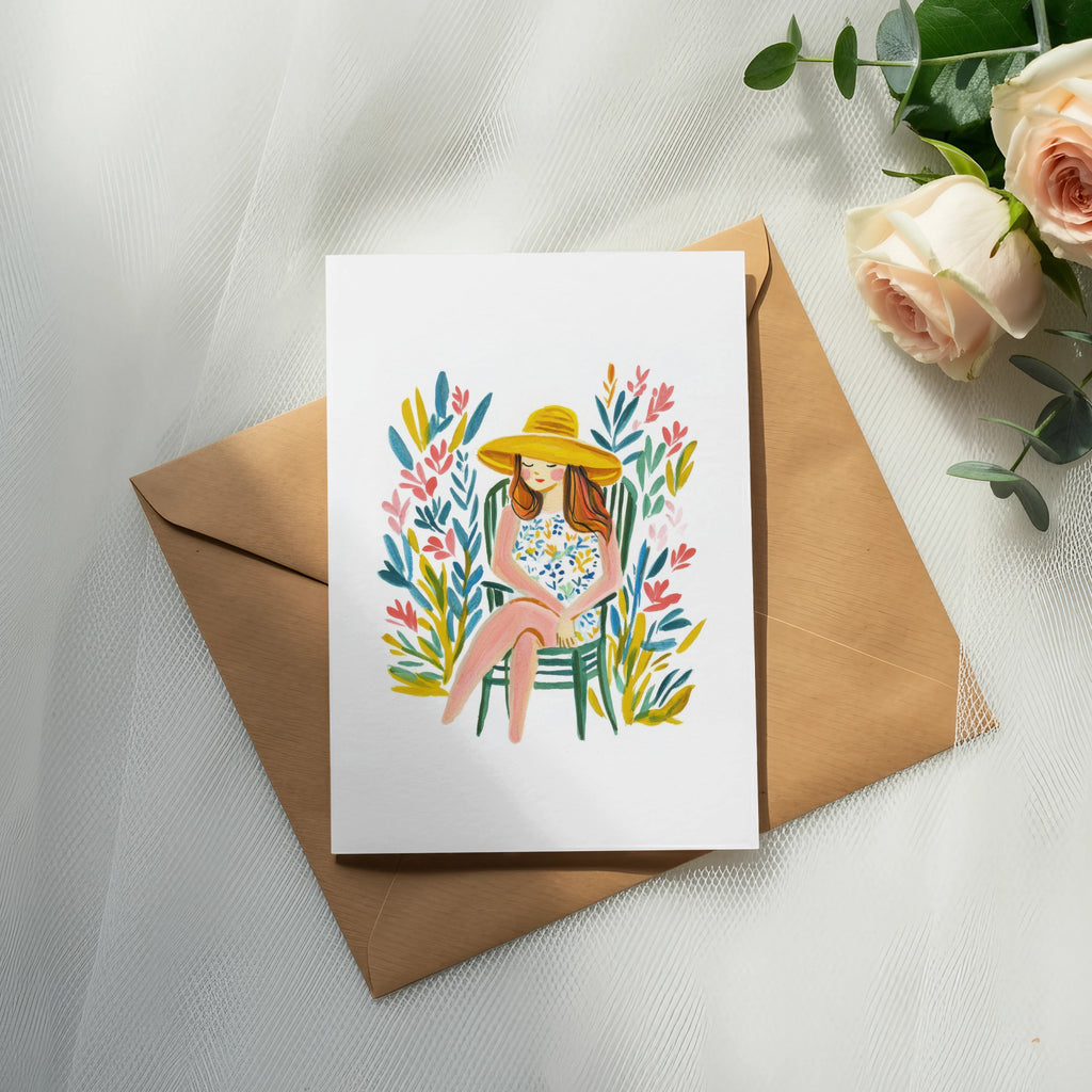 Illustration of a woman in a hat and dress sitting in a chair, surrounded by flowers.