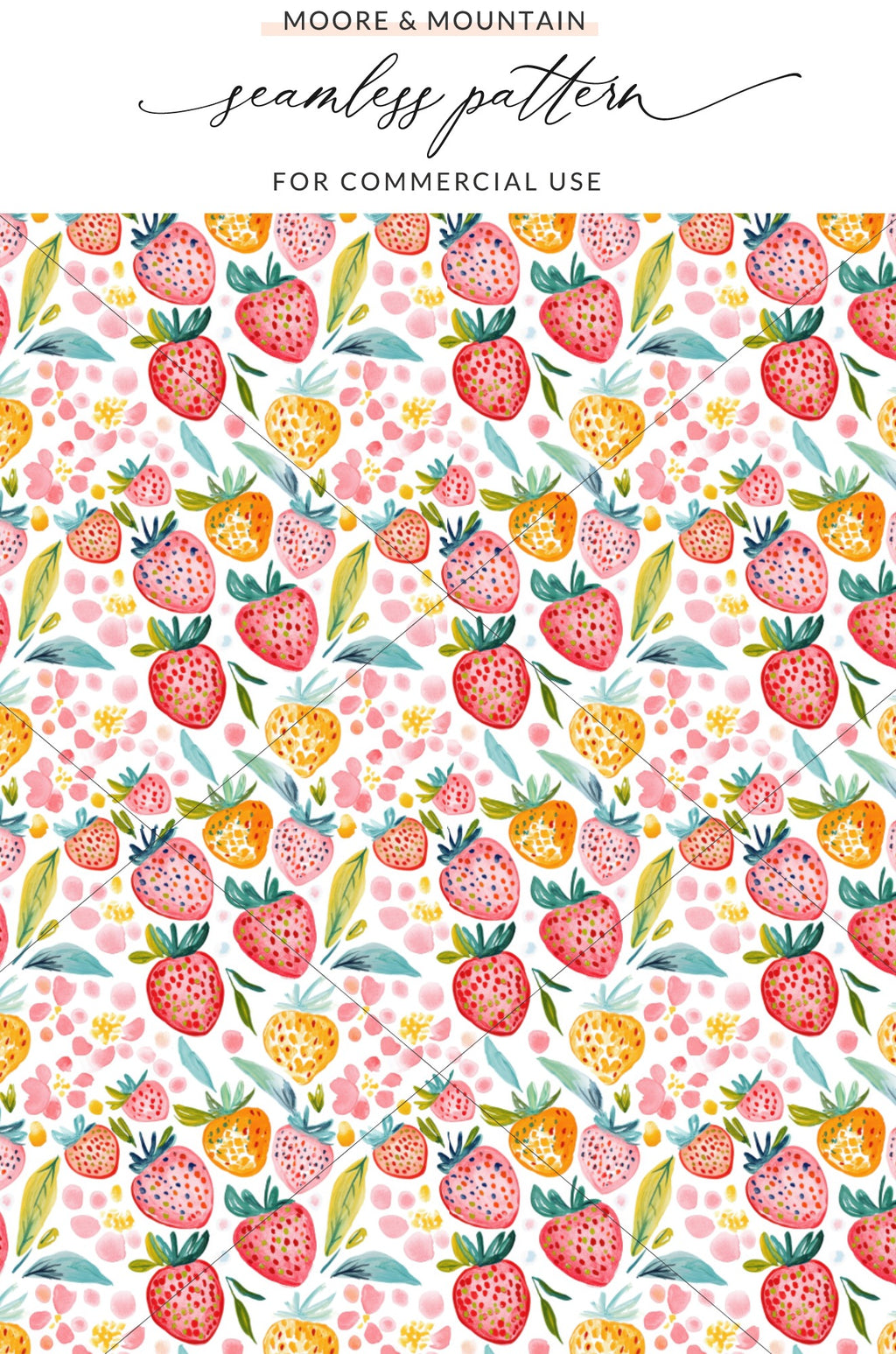 Seamless pattern of watercolor strawberries and small pink flowers.