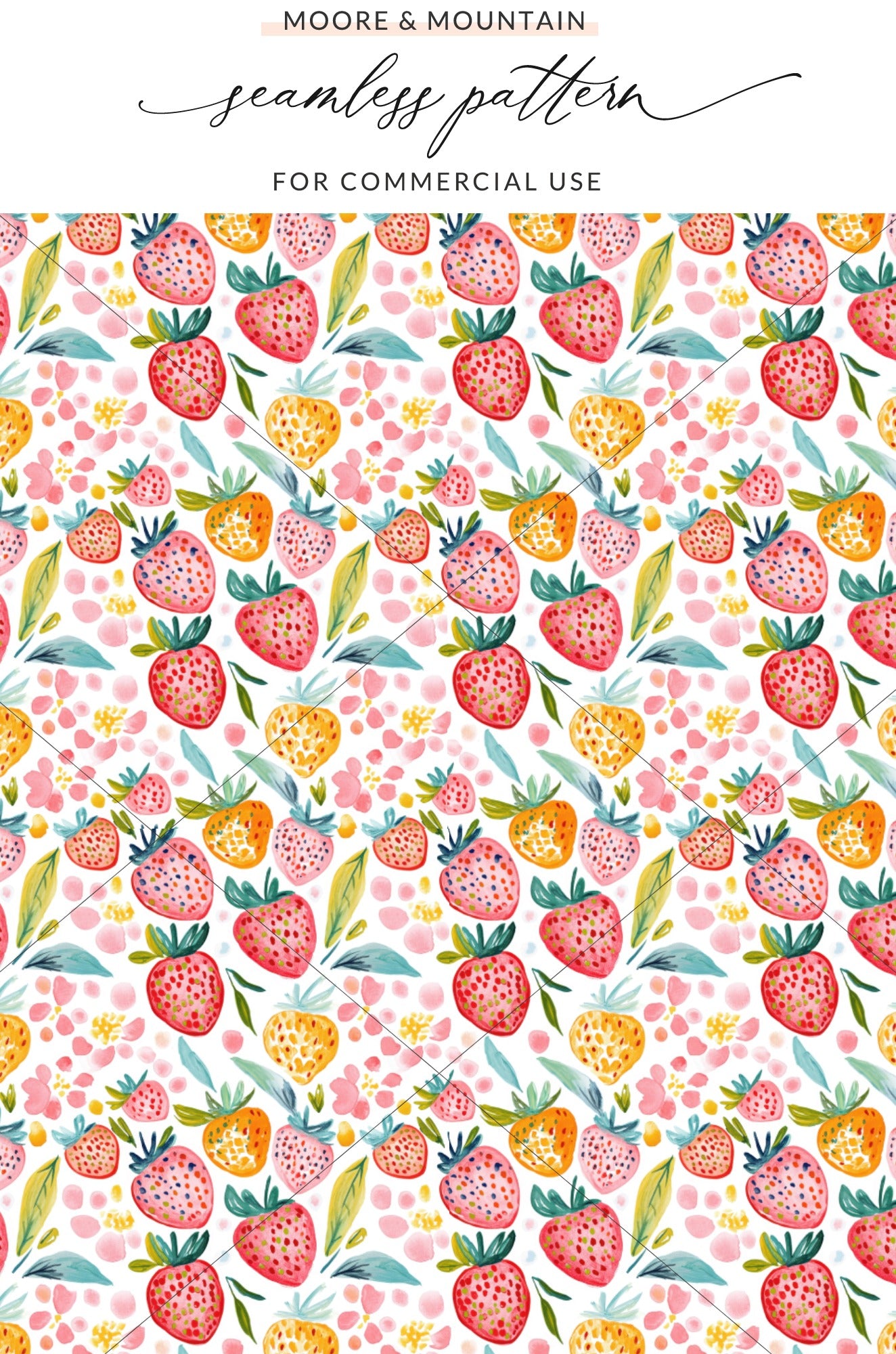 Seamless pattern of watercolor strawberries and small pink flowers.