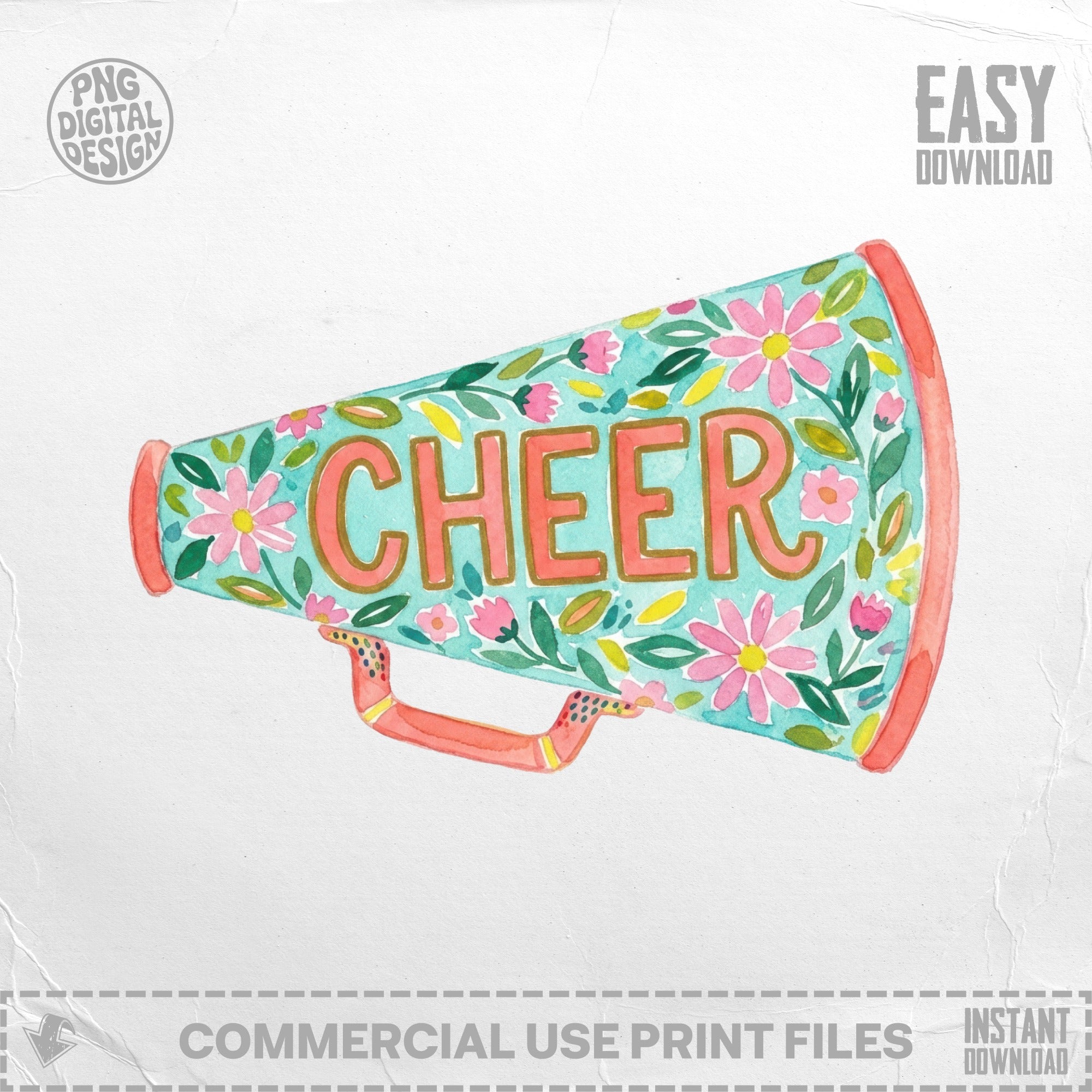 Watercolor megaphone with "CHEER" text, surrounded by pink flowers.