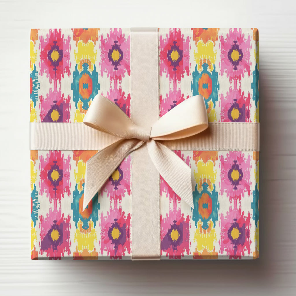 Vibrant Abstract Print Gift Wrap with Beige Ribbon