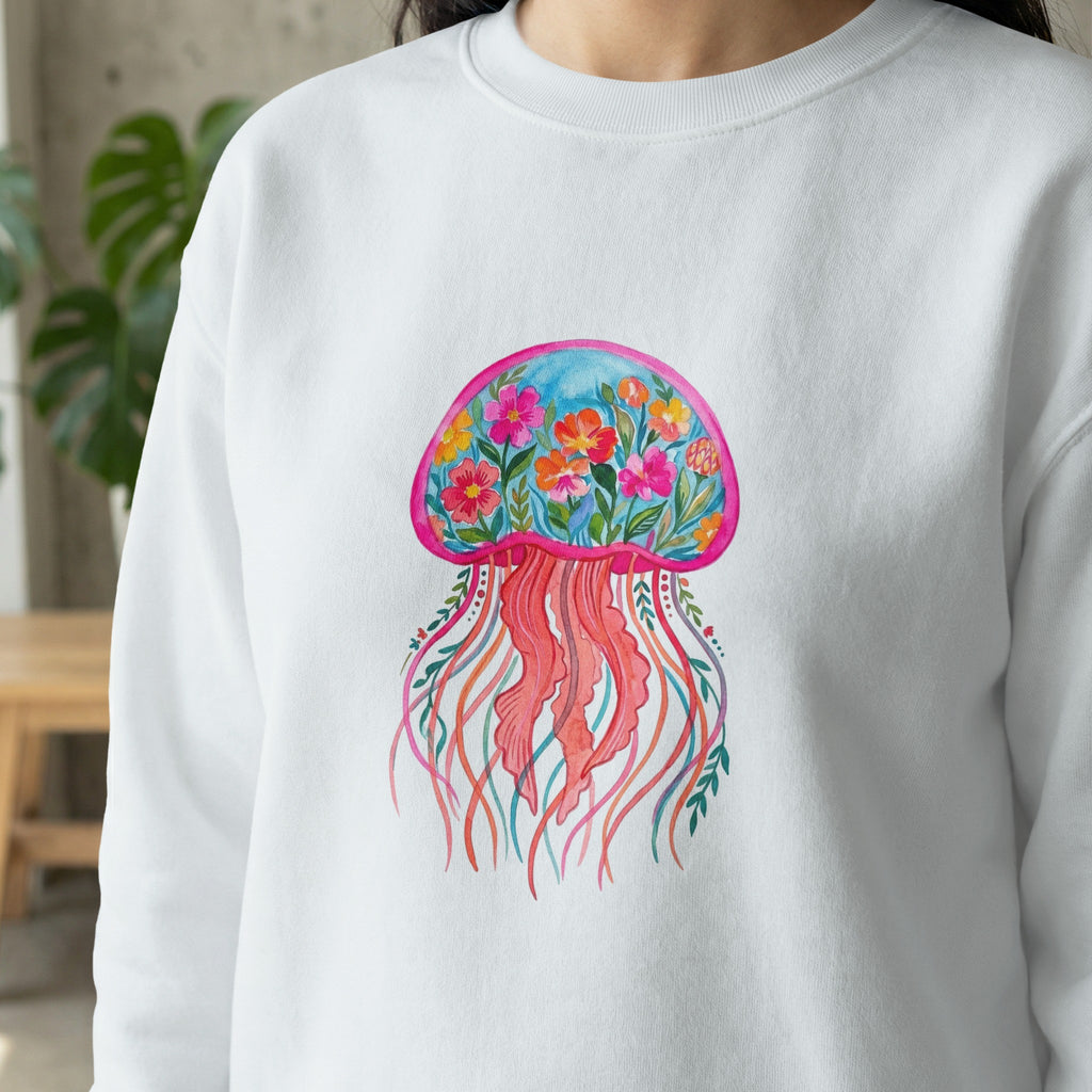 White sweatshirt with colorful jellyfish and floral design.