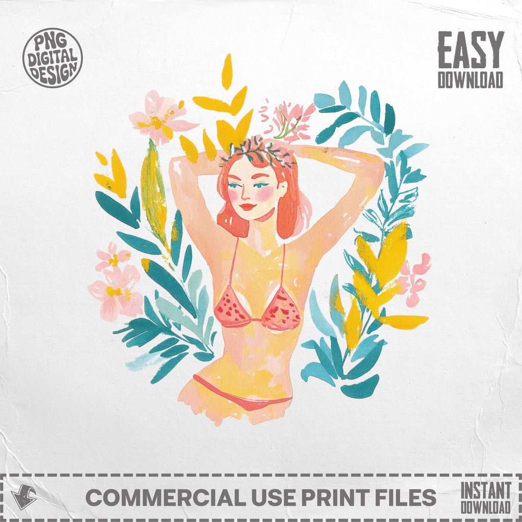 Woman in bikini with arms behind head, surrounded by floral and leaf design.