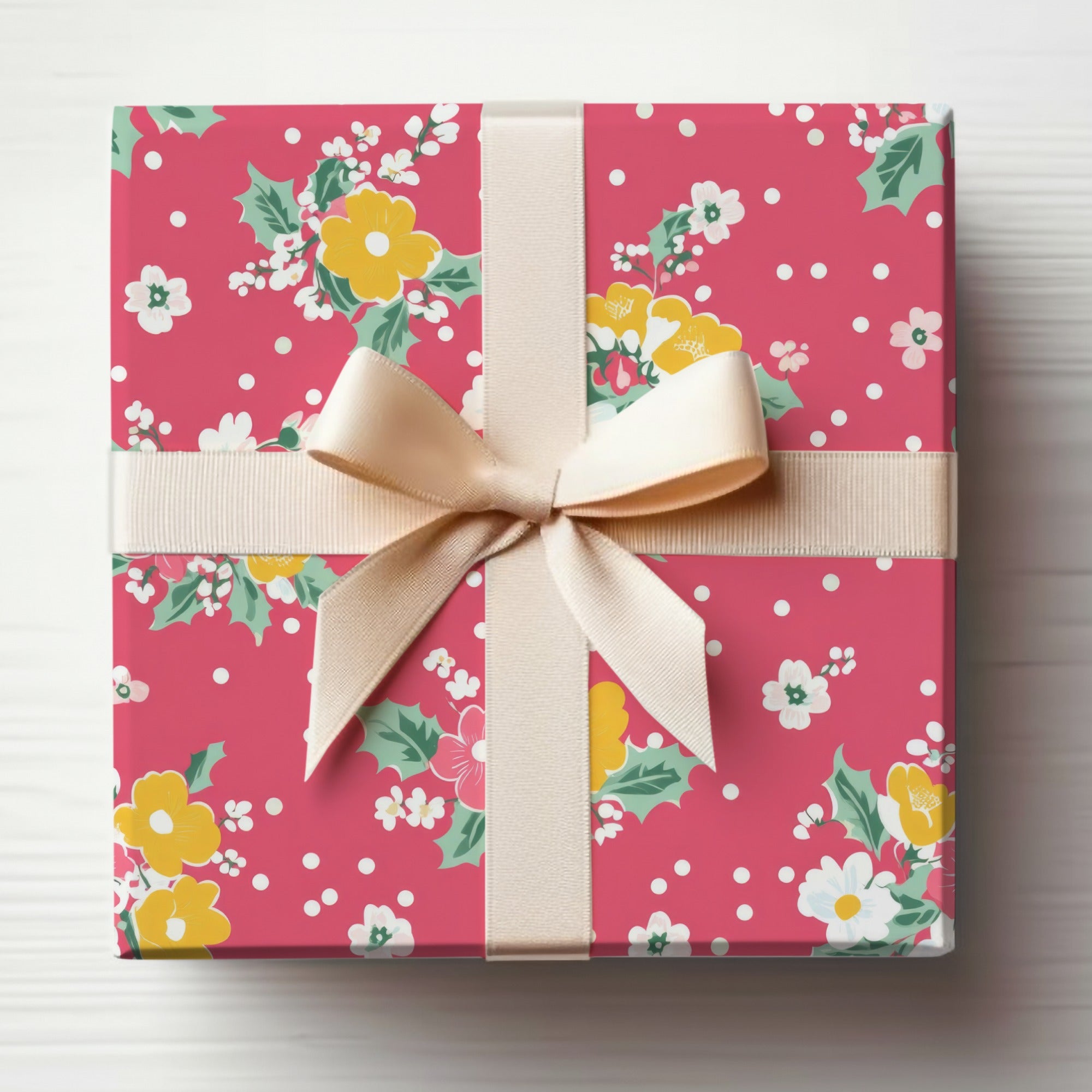 Floral Pattern Gift Wrap with Cream Ribbon Decorations