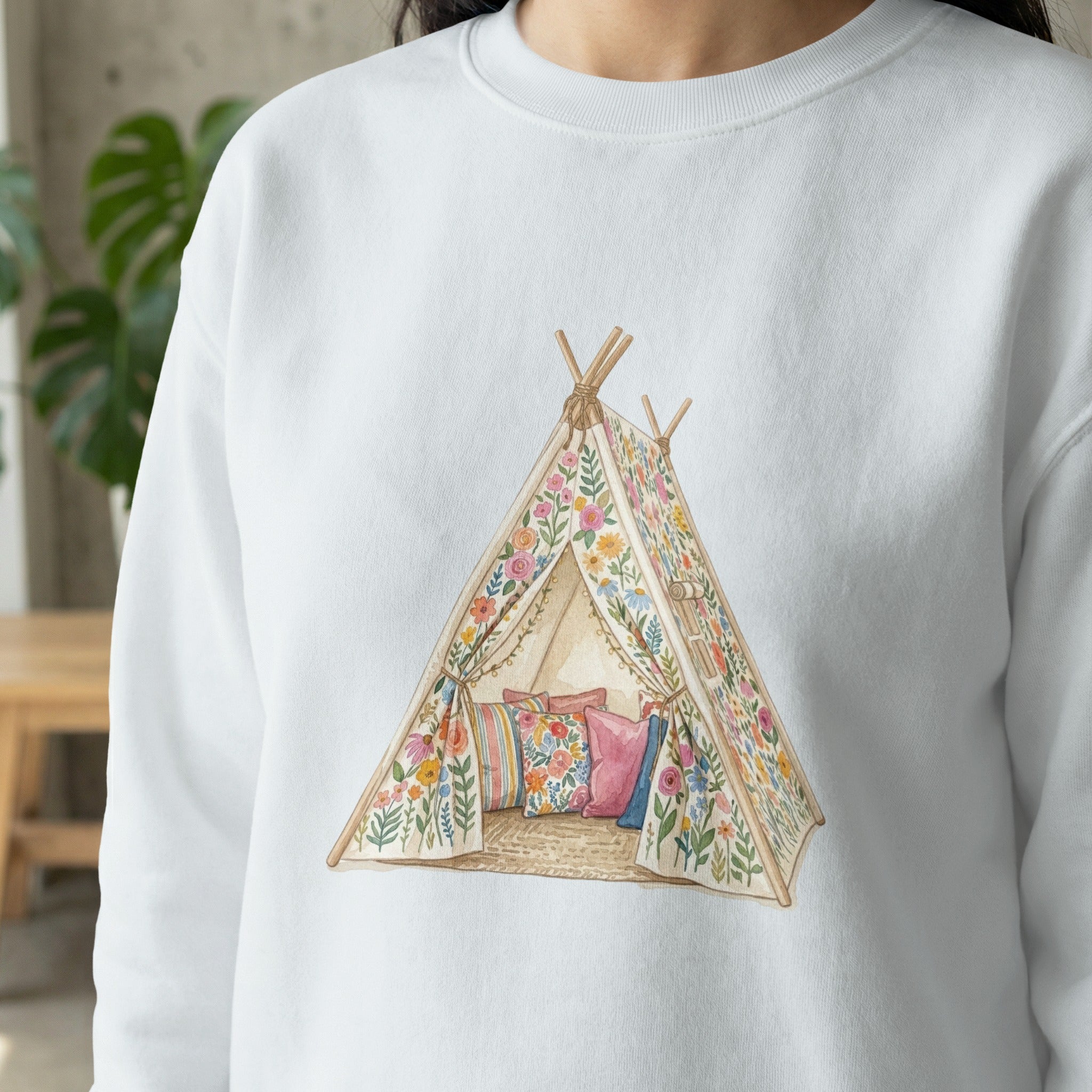 Watercolor floral teepee with pillows on white sweatshirt.