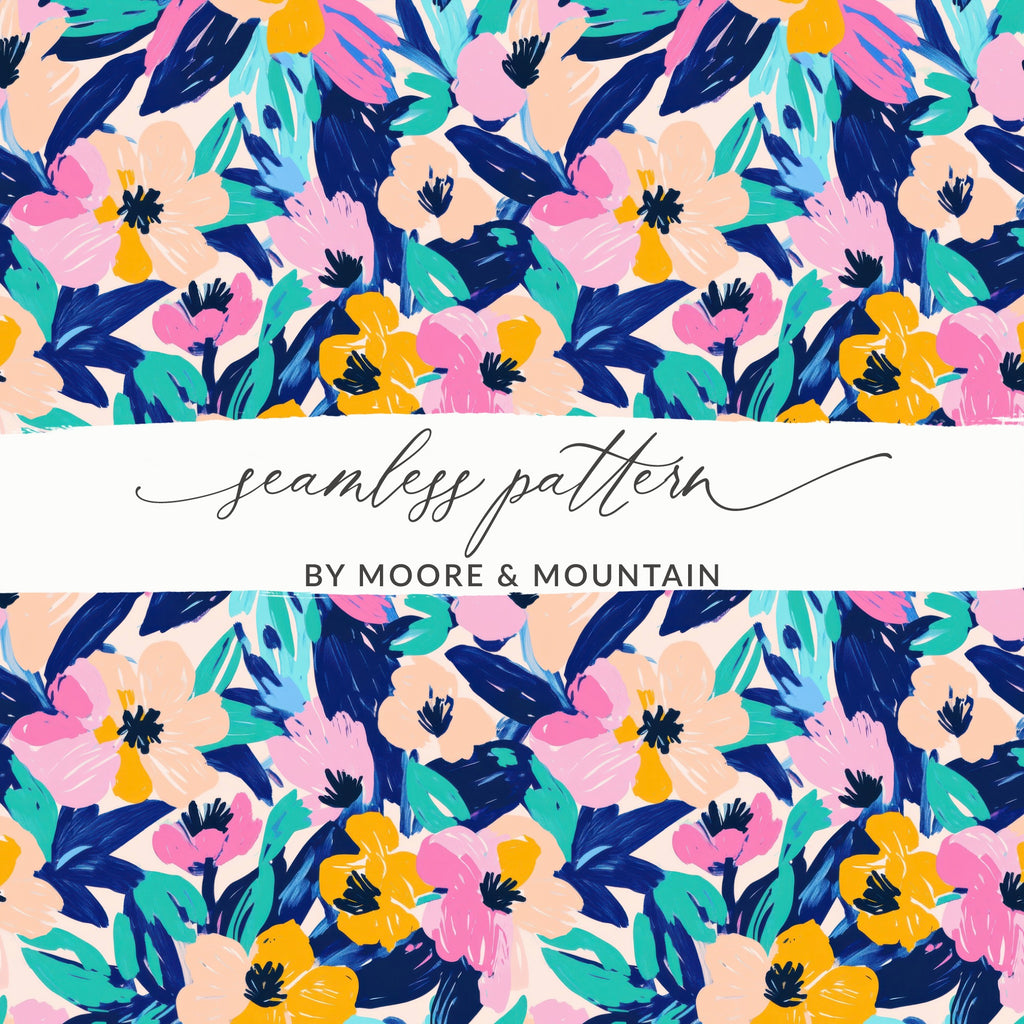 Seamless floral pattern with pink, blue, and yellow flowers.