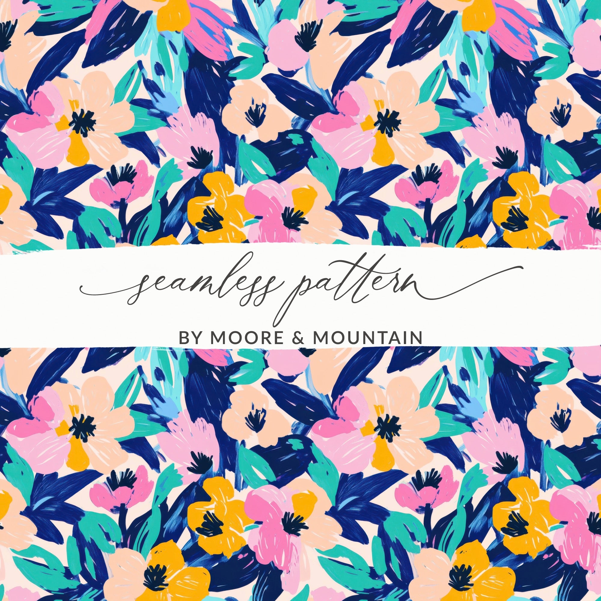 Seamless floral pattern with pink, blue, and yellow flowers.