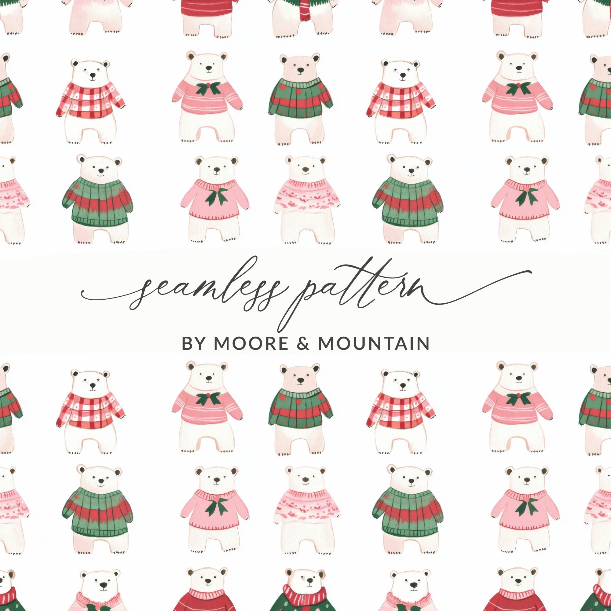 Festive Bears In Sweaters Christmas Themed Seamless Pattern Digital - Moore and Mountain