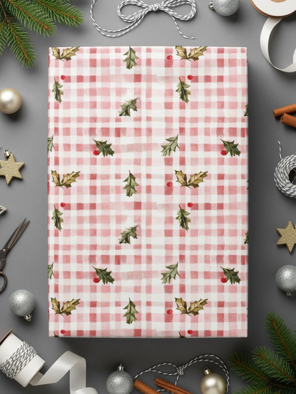 Festive Holly Berries On Plaid Background Great Gift Digital - Moore and Mountain