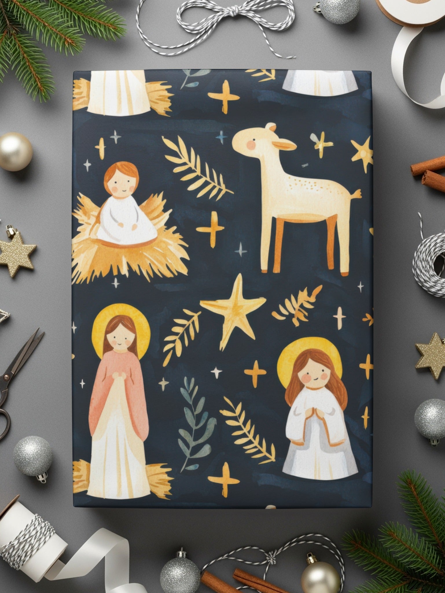 Festive Nativity Seamless Background Angels Stars on Dark Backdrop Digital - Moore and Mountain