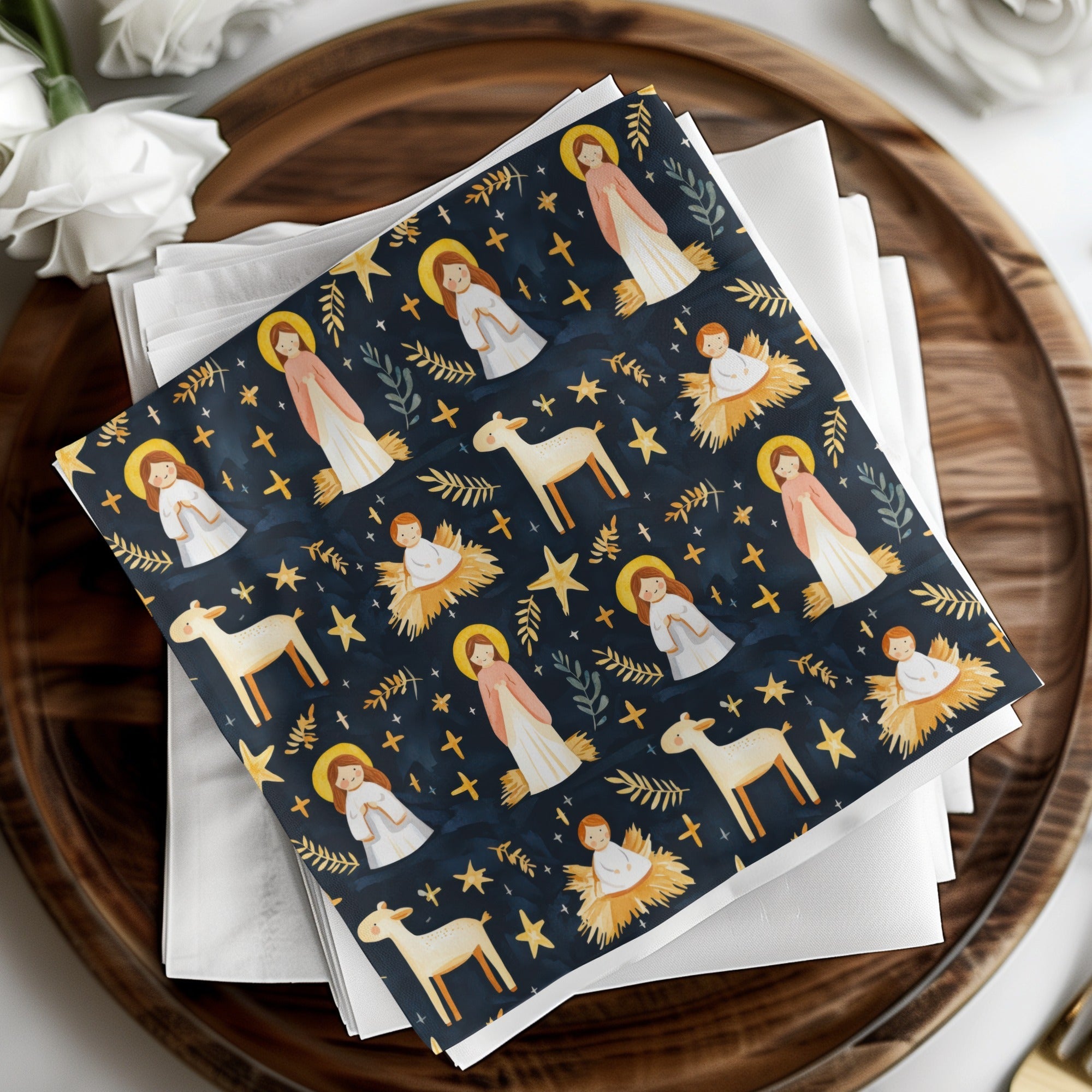 Festive Nativity Seamless Background Angels Stars on Dark Backdrop Digital - Moore and Mountain