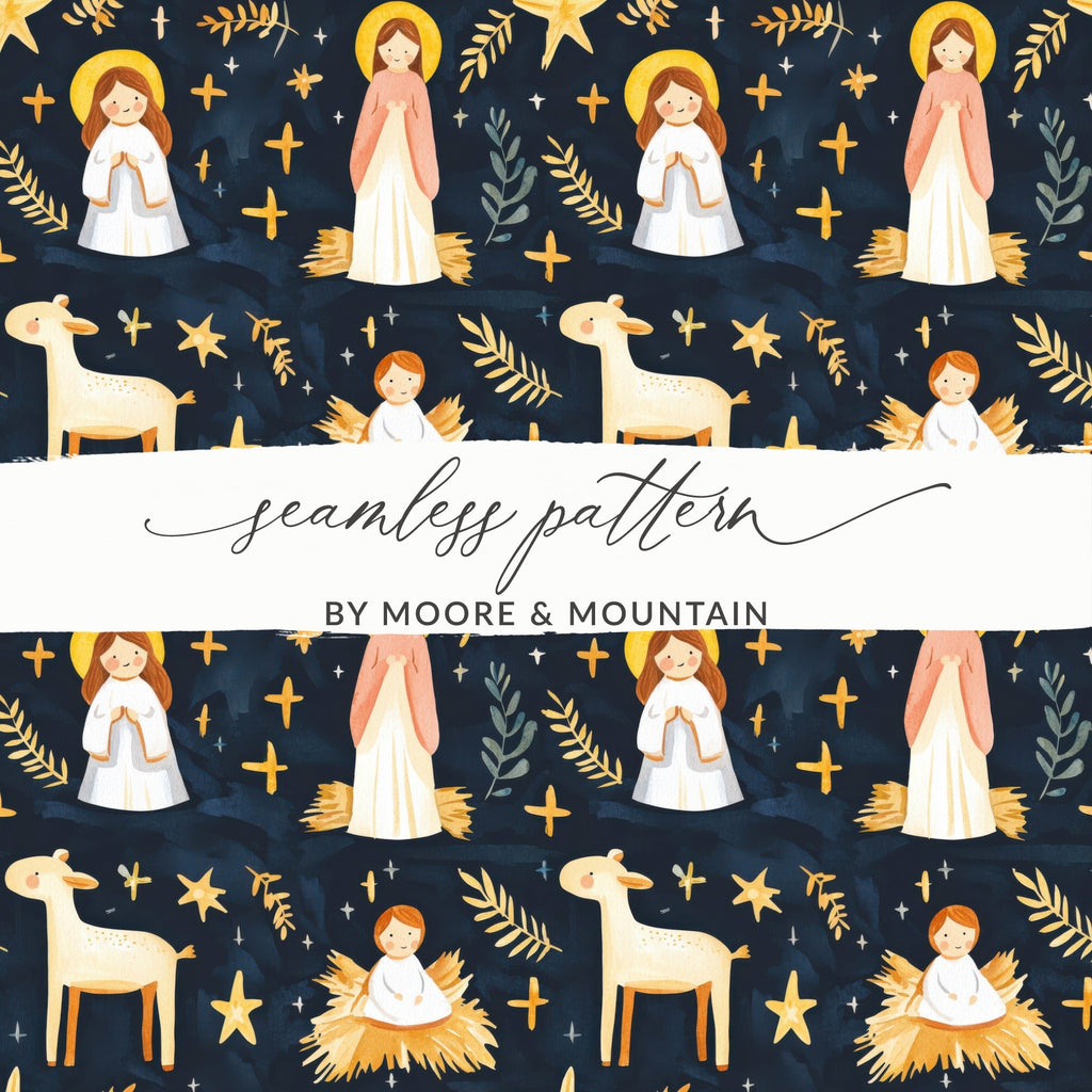 Festive Nativity Seamless Background Angels Stars on Dark Backdrop Digital - Moore and Mountain